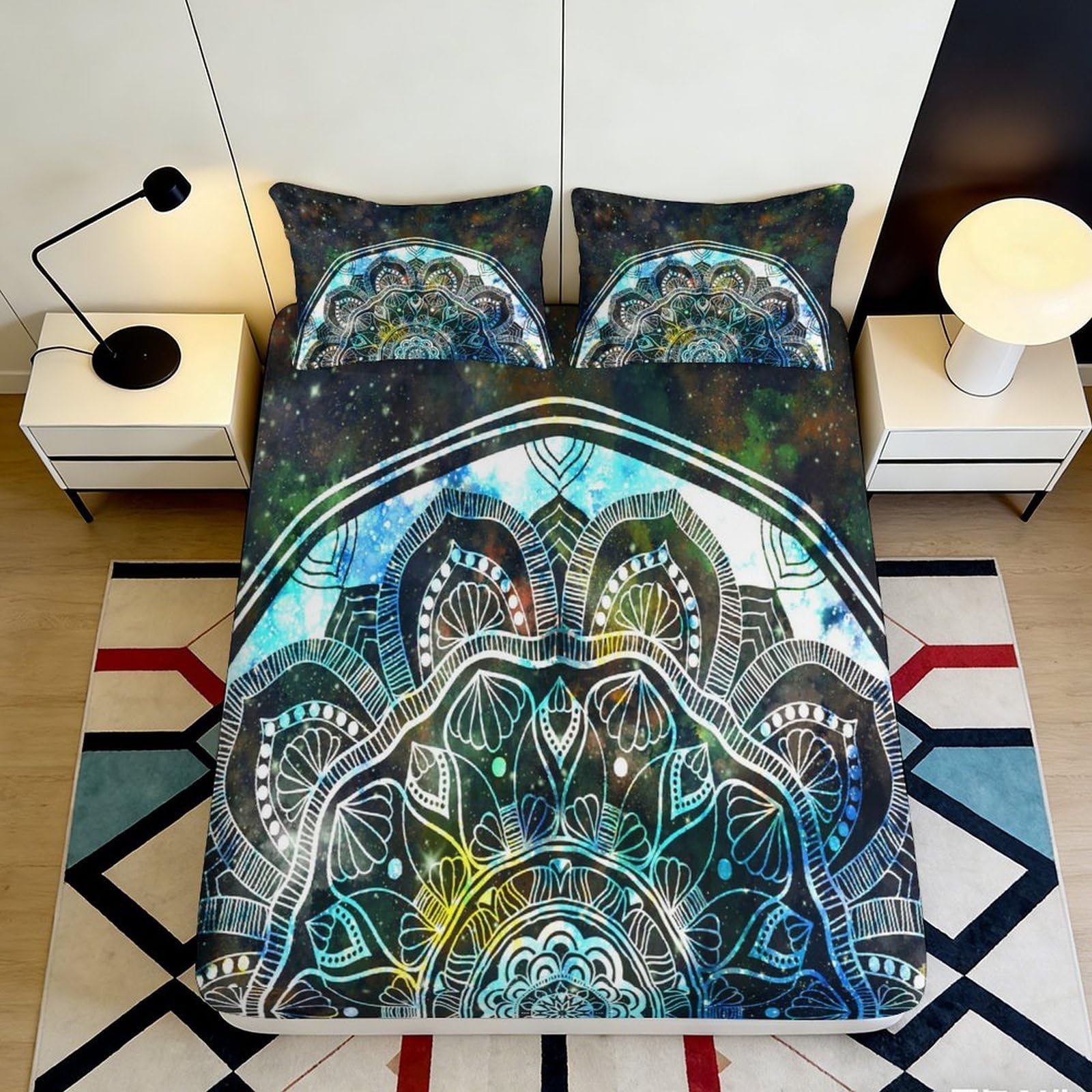 Jqzkxnhpbr Style-1 3D Printed Mandala Art Fitted Sheet Microfiber Soft Anti-Slip Blue Abstract Mattress Cover Bedroom Decor 90X200x25cm