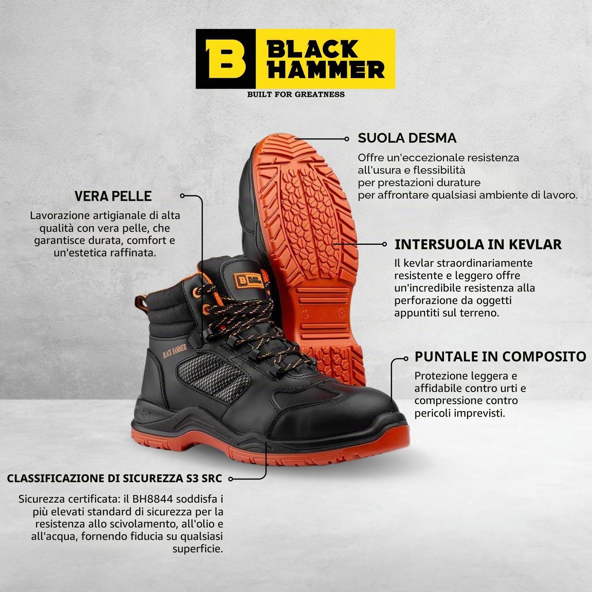 BLACK HAMMER Scarpe Antinfortunistiche Uomo Leggere per Lavoro Cantiere Sneakers Trekking Intersuola Puntale Composito Pelle Vera Senza Metallo Resistente all'Acqua Calzature Antiscivolo 8844