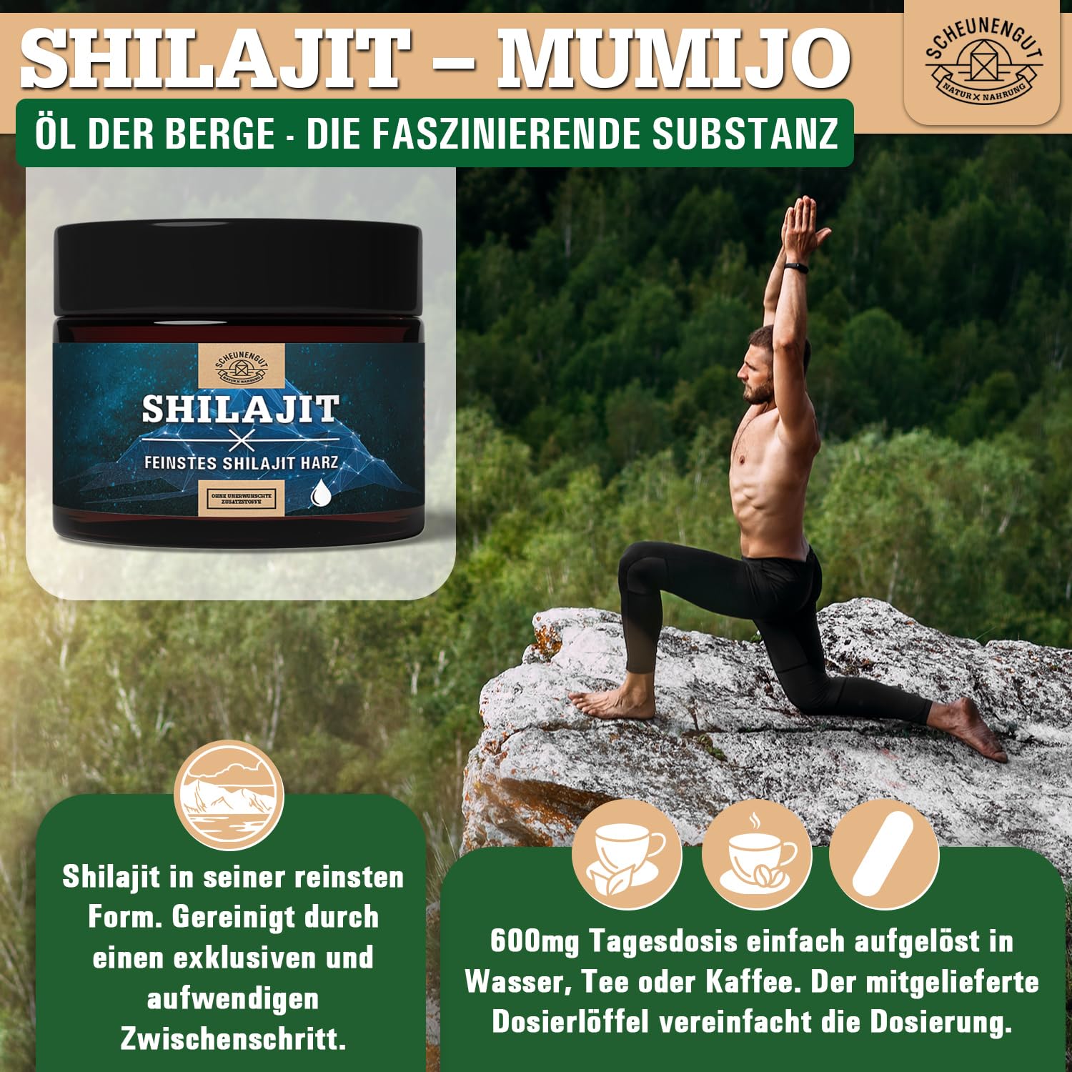 Shilajit Original Resin -WICHTIG: Zertifiziertes Shilajit Harz pur -50g- Herkunft 100% Himalaya aus Handernte +Dosierlöffel -Abfüllung in Deutschland- Laborgeprüft SCHEUNENGUT®