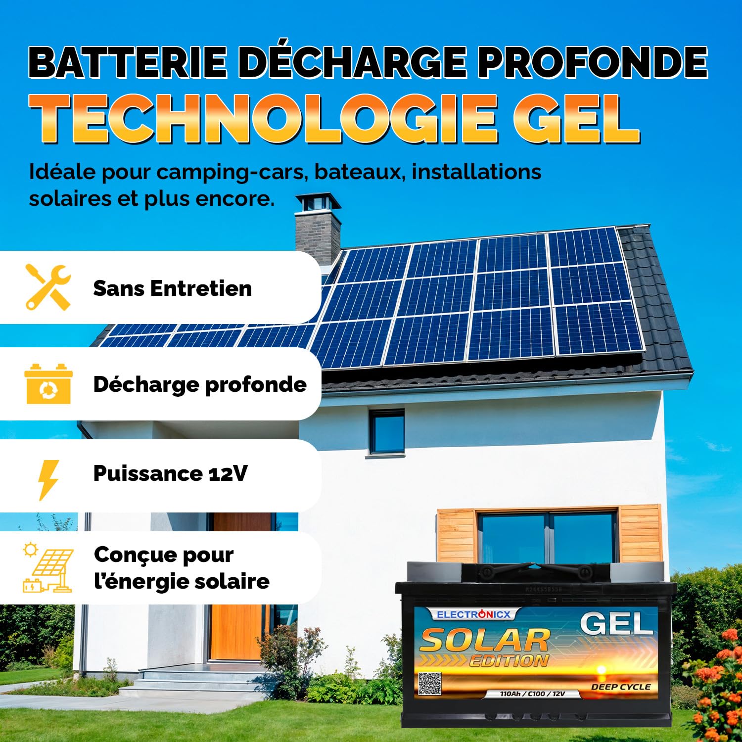 Electronicx Batterie Gel 12V 110Ah C100 Édition Solaire – Batterie de Service à décharge Lente 110 Ah – Technologie Gel – Borne Positive à Droite – Camping-Car Bateau Photovoltaïque