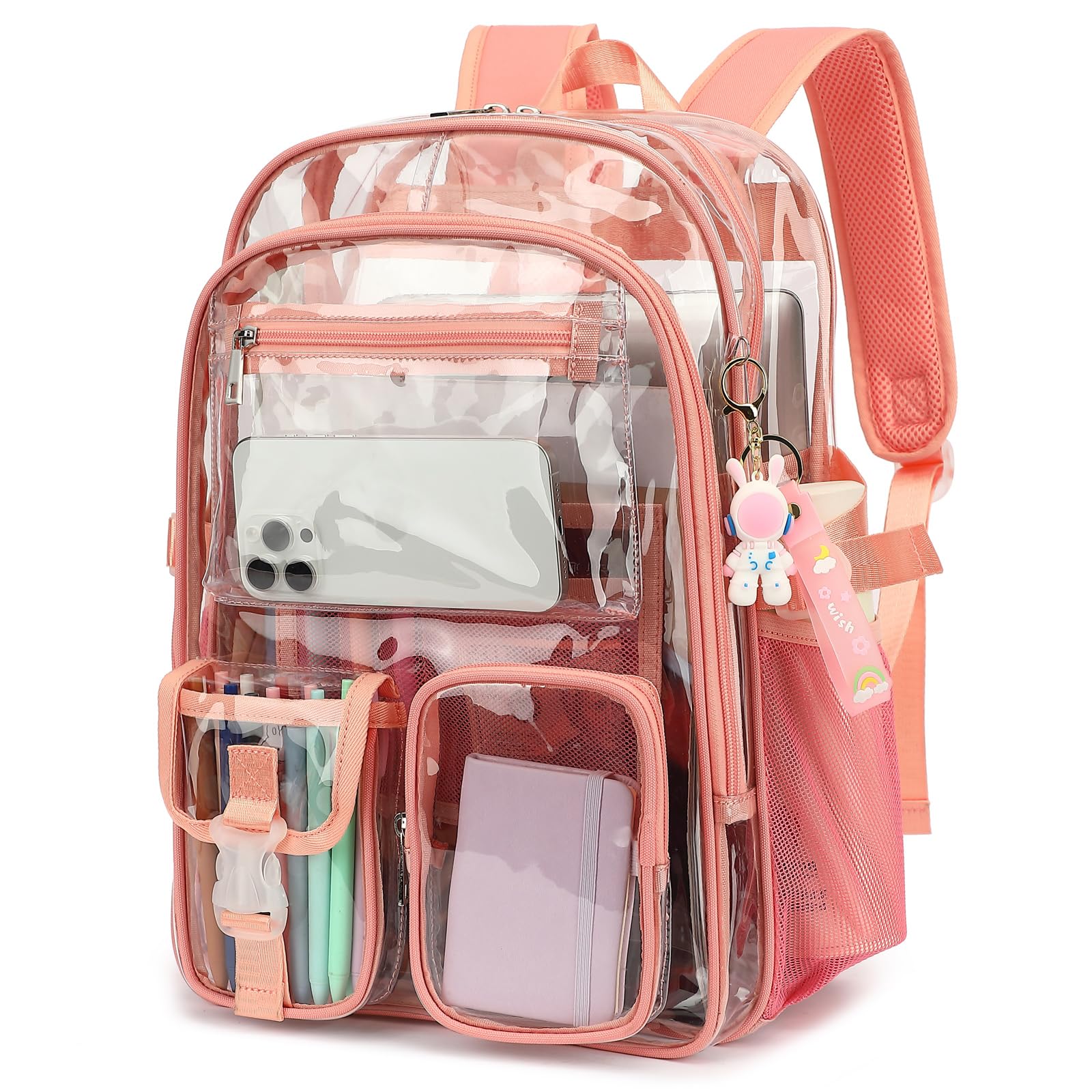 Kouxunt Clear Backpack Heavy Duty Transparent Backpacks Stadium Approved for School Work Sport Travel (Pink)