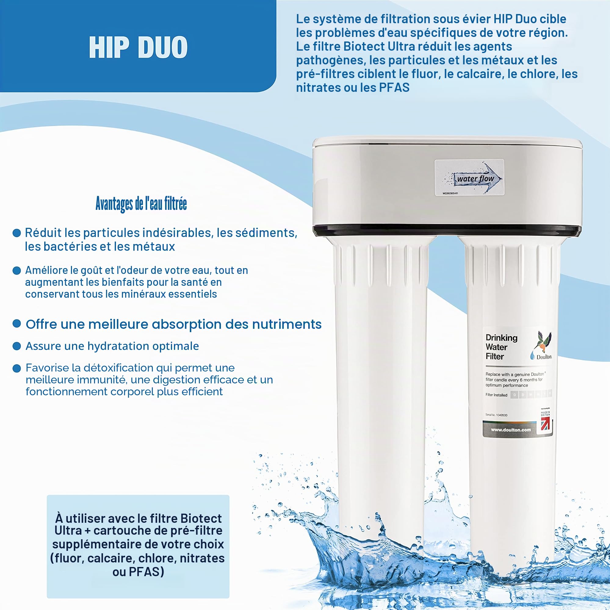 Doulton W9380020 Purificateur d'eau Duo sous évier équipé d'une cartouche Ultracarb avec cartouche CleanSoft anti calcaire