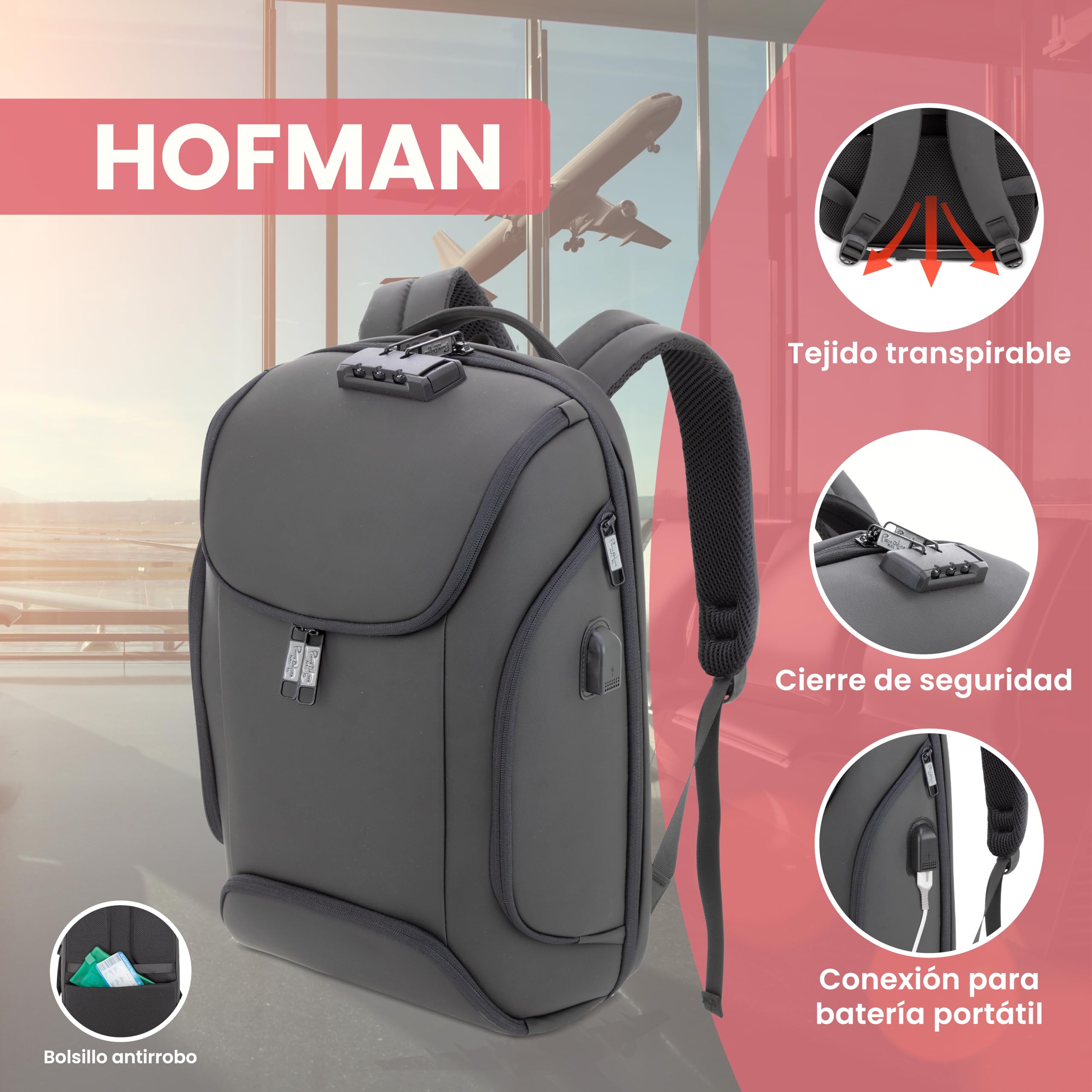 Mochila semirrígida acolchada HOFMAN - Cierre de seguridad - 31x45x13 cm - Compatible con trolley - Bolsillo antirrobo - Compartimento acolchado para portátiles - Entrada USB para Powerbank
