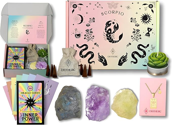 ESOTHERIC Scorpio Birthday Gifts for Women- Zodiac Gifts Box Set with Crystals, Oracle Card Deck, Zodiac and Constellation Necklace, Succulent Candle, Incense Cones, Horoscope and Crystal Guide