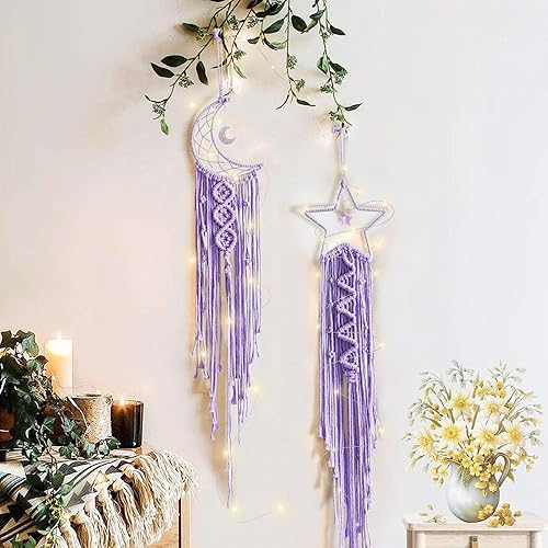 Miniatura 20 de Decoración de atrapasueños de luna y estrella, 2 piezas boho para el hogar, luna y estrella, macramé para colgar en la pared, decoración bohemia