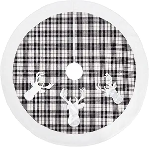 Buffalo Plaid Christmas Tree Skirt 48 in, Black and White Buffalo Check Christmas Tree Skirt with Faux Fur Edge for Holiday Christmas Decorations