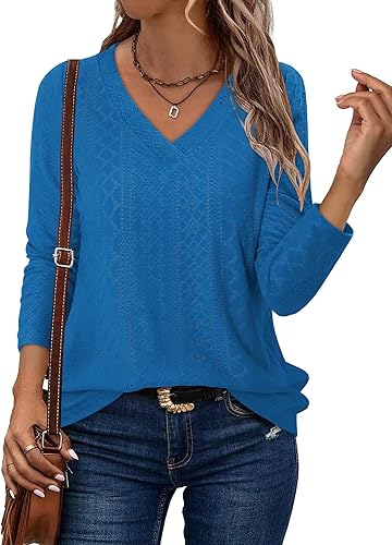 KISSMODA Long Sleeve Fall Shirts For Women V Neck Tunic Tops Embroidered Button Down Knitted Blouses 2025