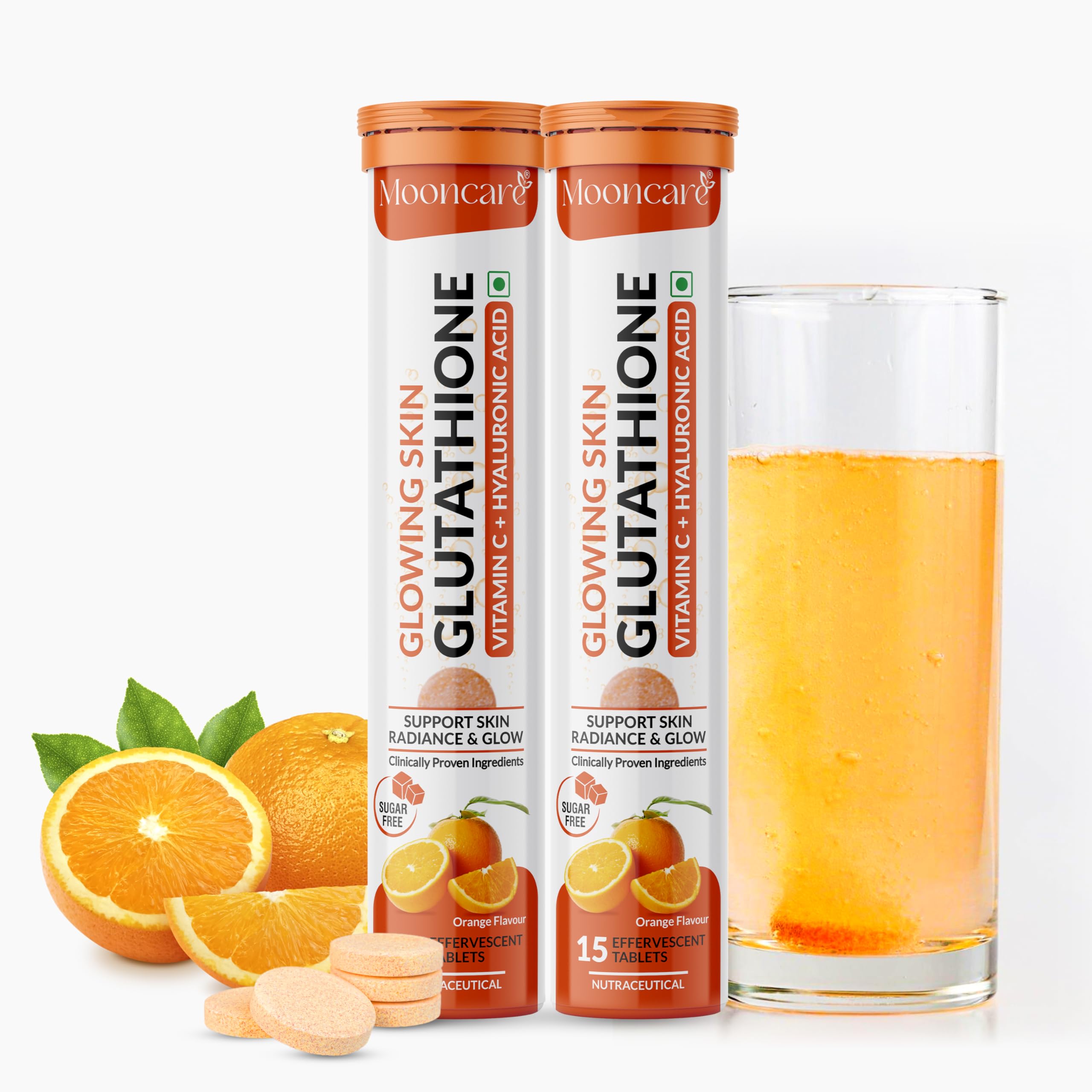 Mooncare Glow Glutathione Effervescent Tablets with Vitamin C |indian Glutathione 500mg For Radiant, Even-Toned and Glowing Skin | Sugar-Free| ORANGE Flavour