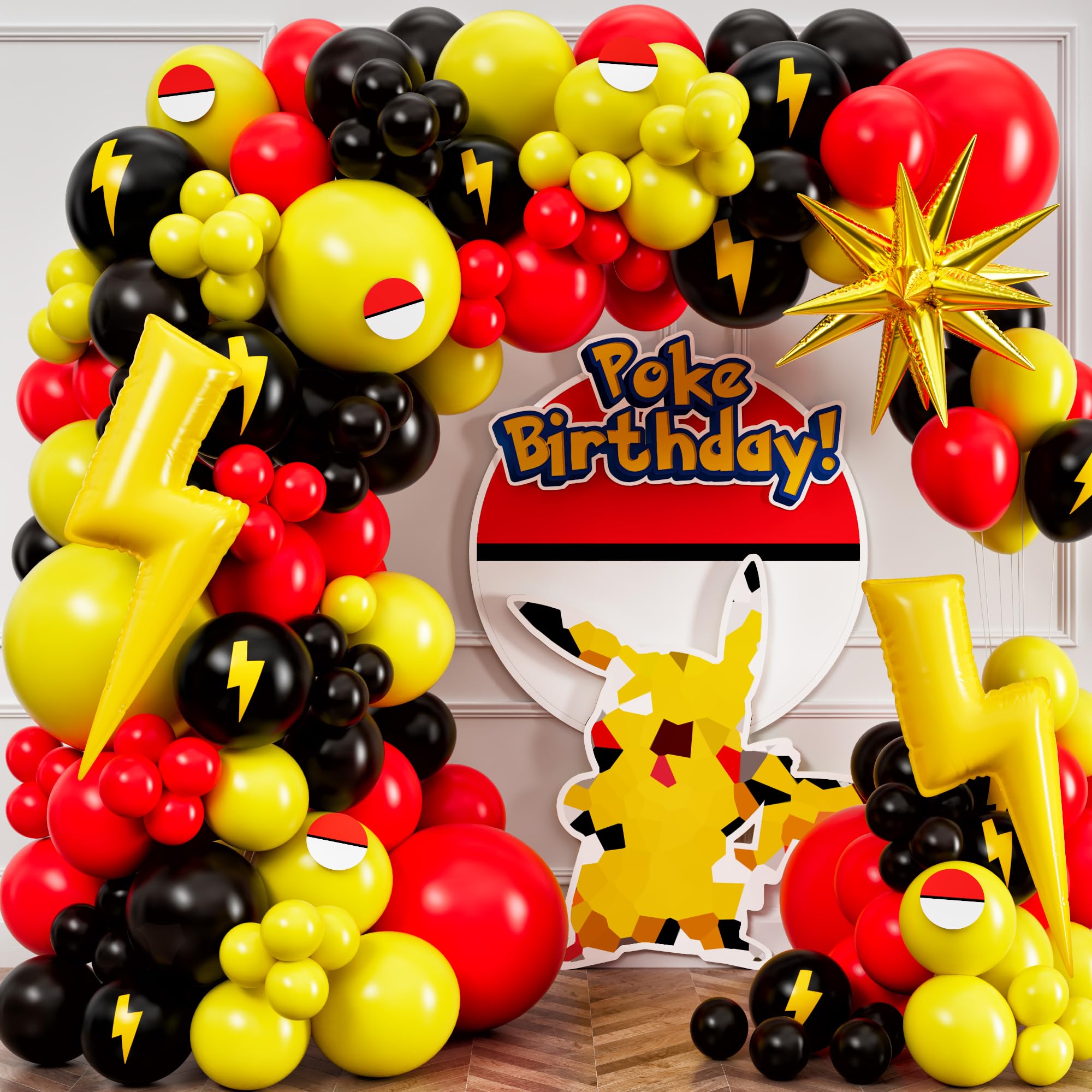 ALL-IN-1 Cartoon Balloon Arch Kit with BONUS Thunder & Starburst Balloons for Poke Birthday Decorations - Red Black Yellow Balloons for Poke Cartoon
