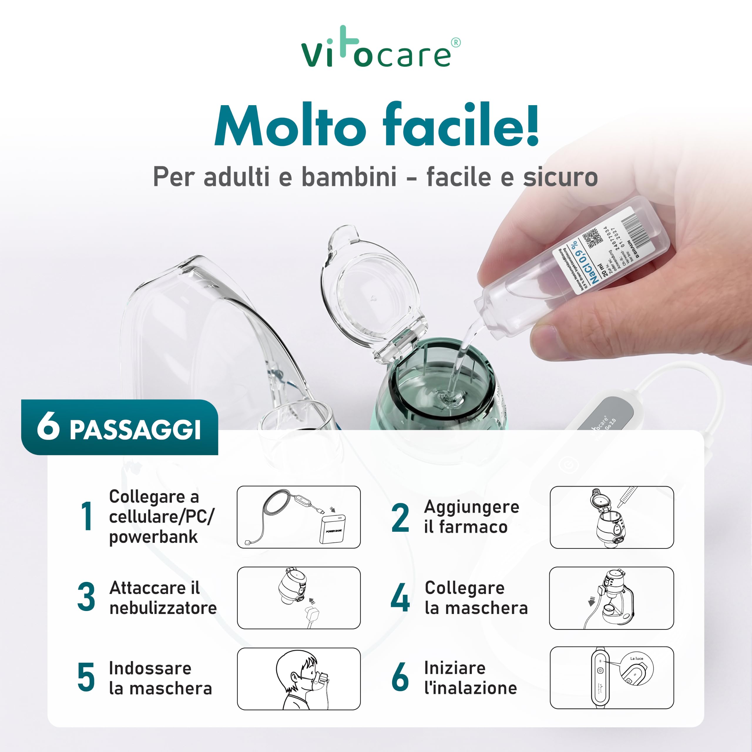 Nebulizzatore per adulti e bambini – vitocare VITOAIR Go 2.0, inalatore ultraleggero con 2 misure di maschera, USB-C e USB, portatile