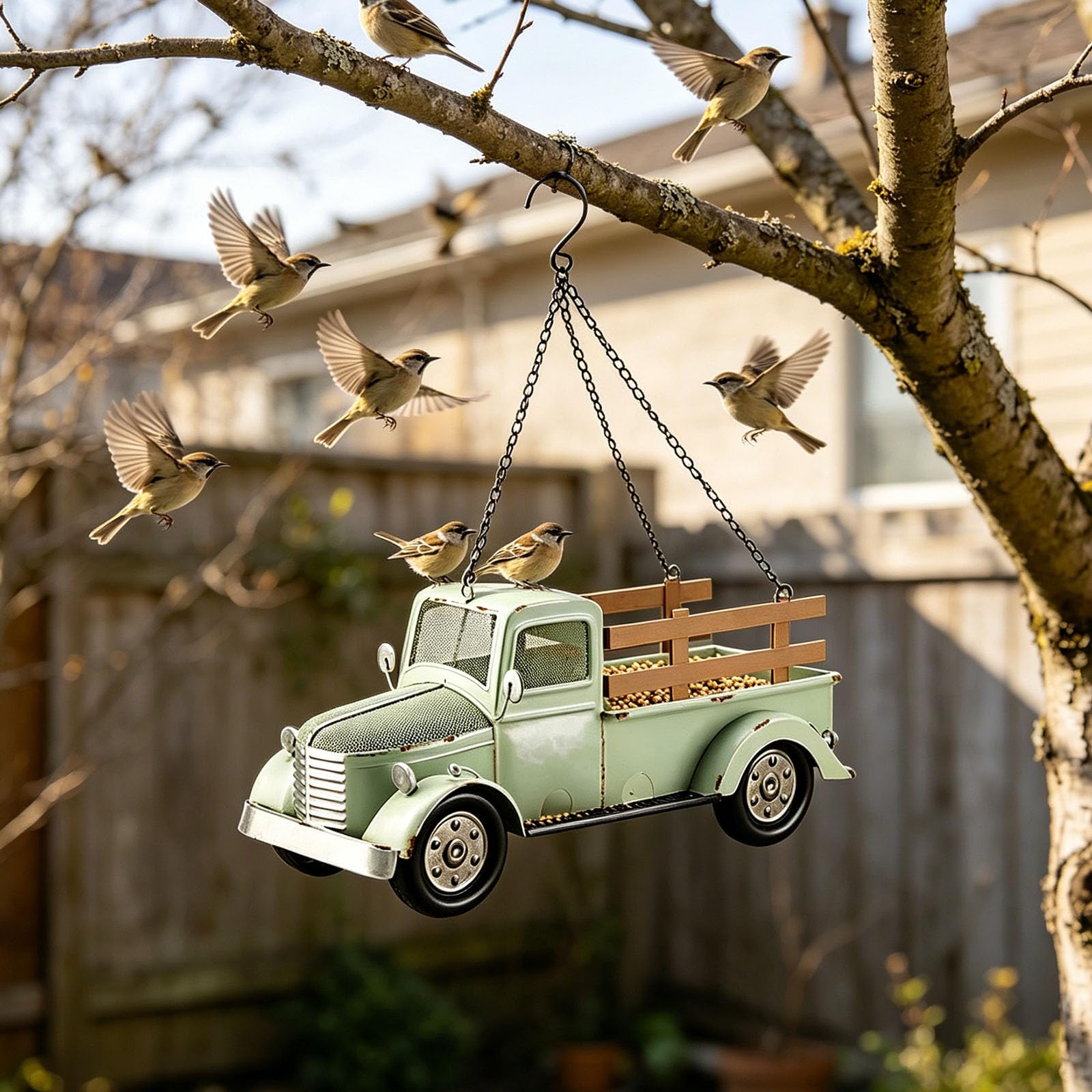 Mangiatoie per uccelli sospese con catena design retrò camion, per giardino e esterno