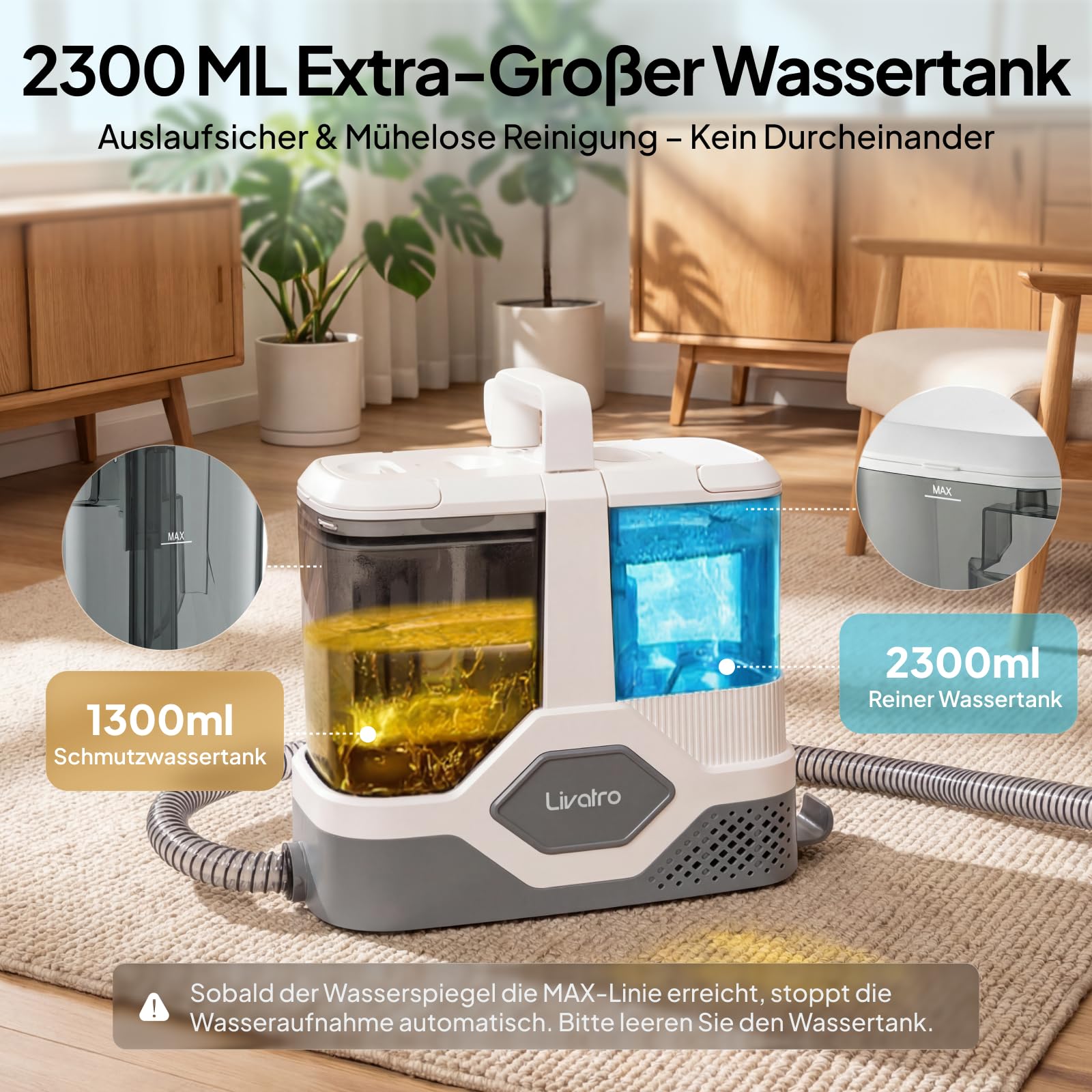 Livatro Nasssauger Polsterreiniger Gerät Teppichreiniger Waschsauger | 600W Tragbarer Waschsauger,16KPa Abnehmbarer 2,3L Tanks,Selbstreinigung,für Teppiche,Auto & Sofas,Matratze & Haustier