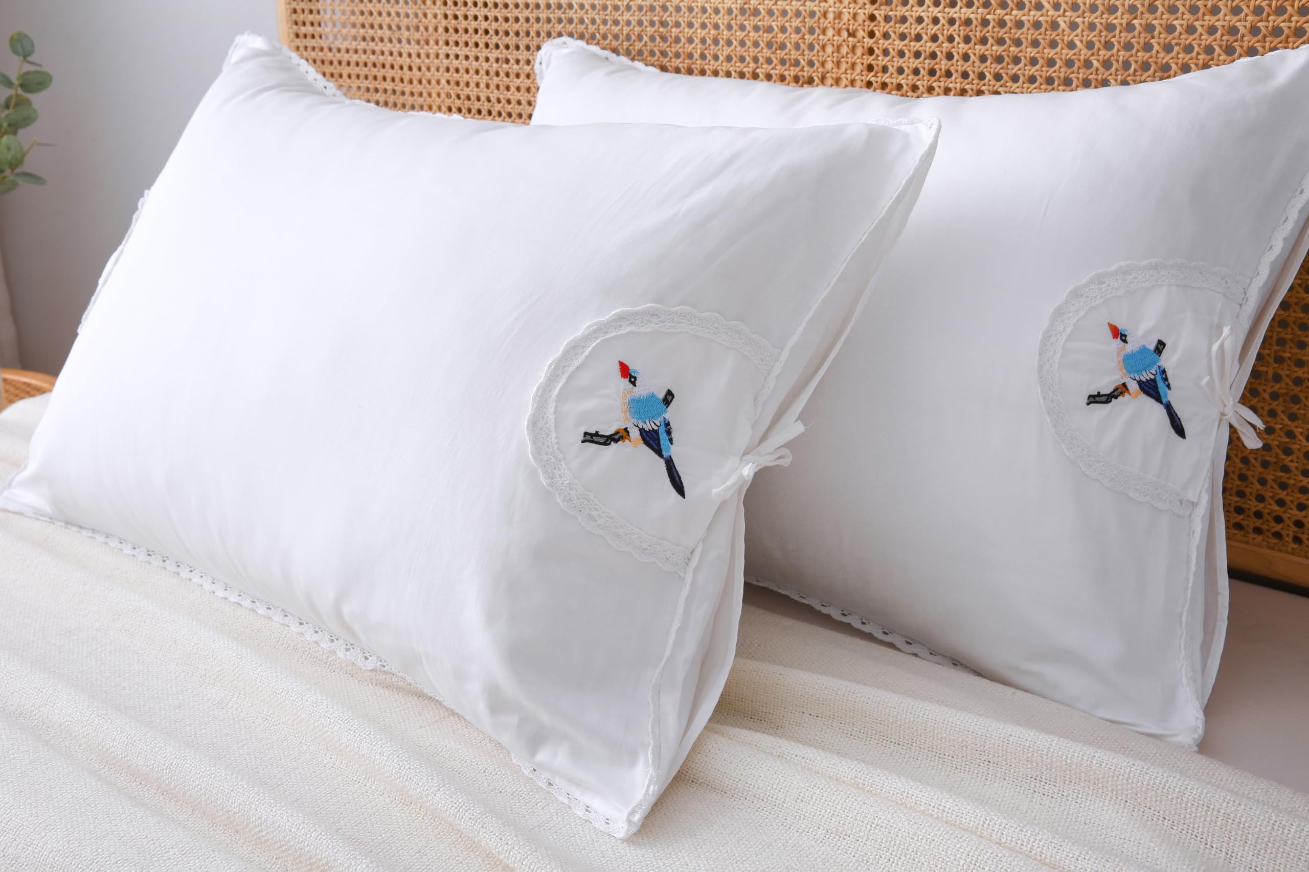 White Embroidery Pillowcases Bird Pillow Shams with lace 100% Cotton 2-Pack Queen Size 30
