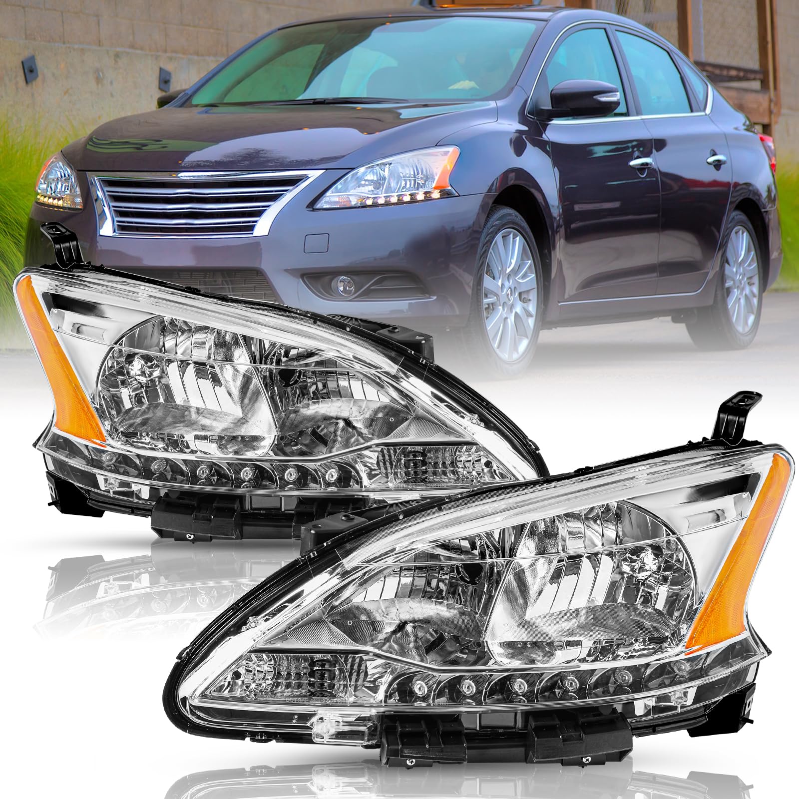 TUSDAR For Halogen Model 2013 2014 2015 Nissan Sentra Headlight Assembly OE Style Headlamp Passenger and Driver Side LH+RH