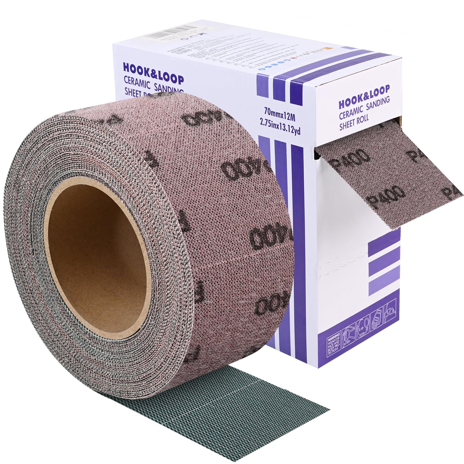 Rollo de lija de grano 400, 70 mm x 12 m, rollo de lija con gancho y bucle, rollo de lija autoadhesivo, ideal para lijar pinturas, masillas, imprimaciones, madera, metal y plástico