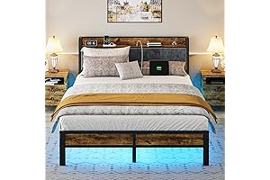 Queen Size Metal Platform Bed Frame with Headboard, USB Charging Station, no Box Spring Needed