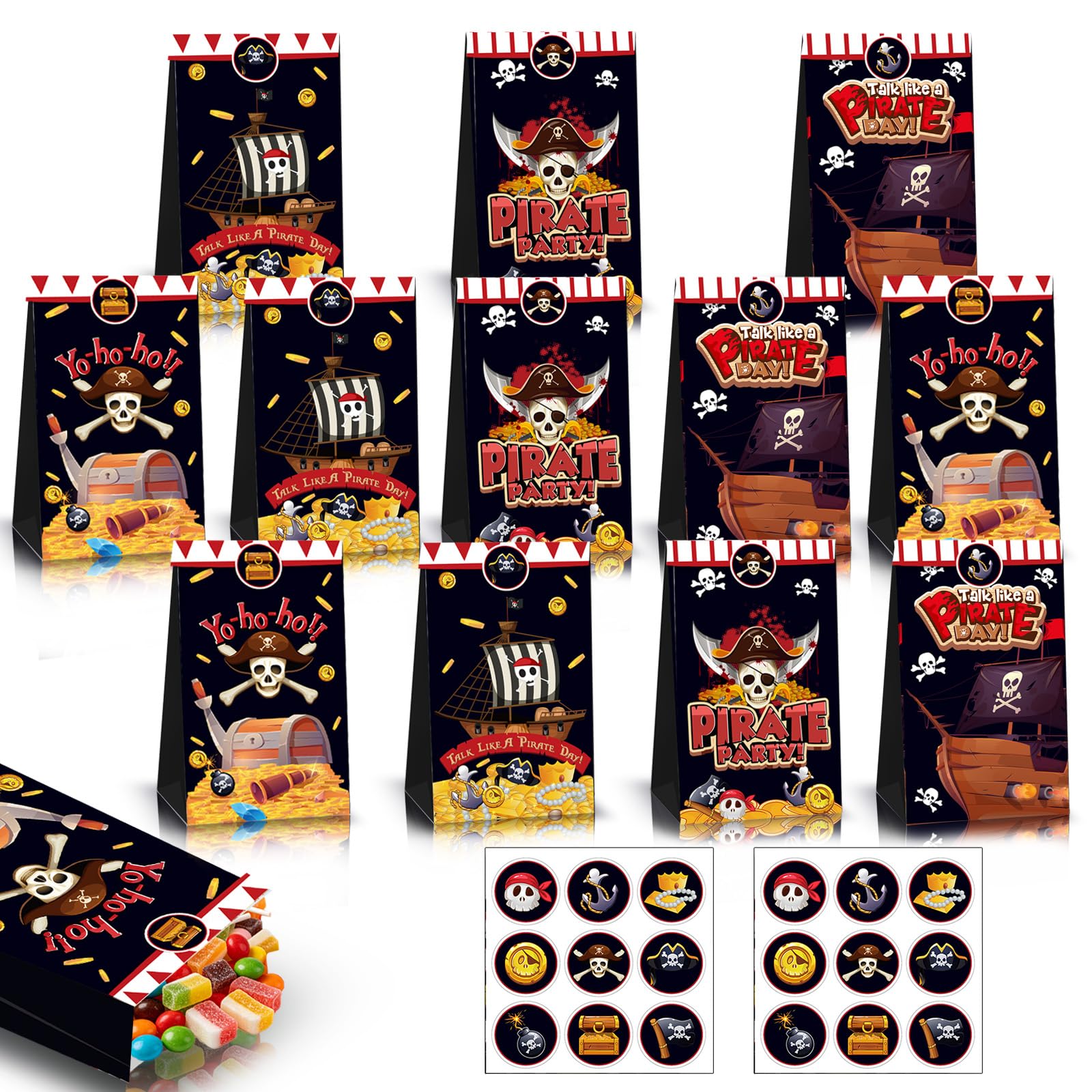 Henbrui 12Pcs Pirate Party Bags Paper Gift Bag for Kids Party,Kraft Sweet Goodie Treats Candy Bag with 18 Sticker,Small Gift Bags for Boys Girls Kids Birthday Baby Shower Pirate Theme Party Favour-Bag