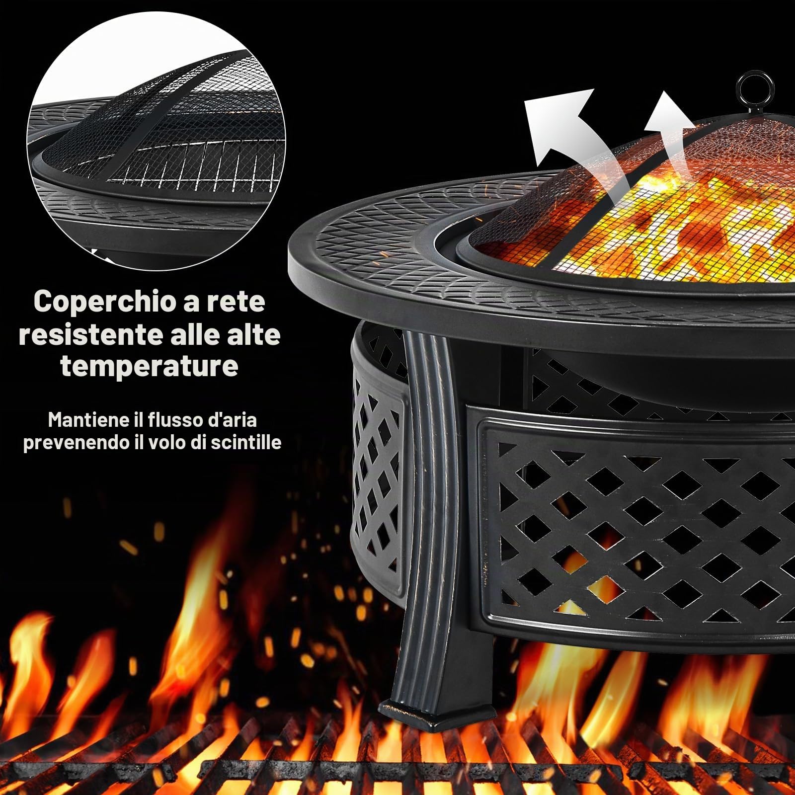 KOMFOTTEU Braciere da esterno con coperchio di sicurezza, Braciere da barbecue 3 in 1 con copertura impermeabile, per giardino, campeggio, picnic, φ81 x 50 cm (H), nero