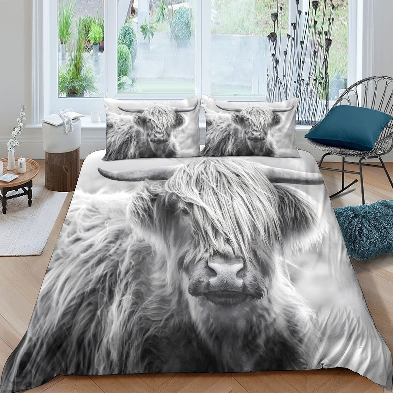 GPLZQXKJNH 3D Printed Highland Cow Duvet Cover Microfiber Soft Breathable Scottish Cattle Bedding Set with 2 Pillowcases for Bedroom Decor Single（135x200cm）