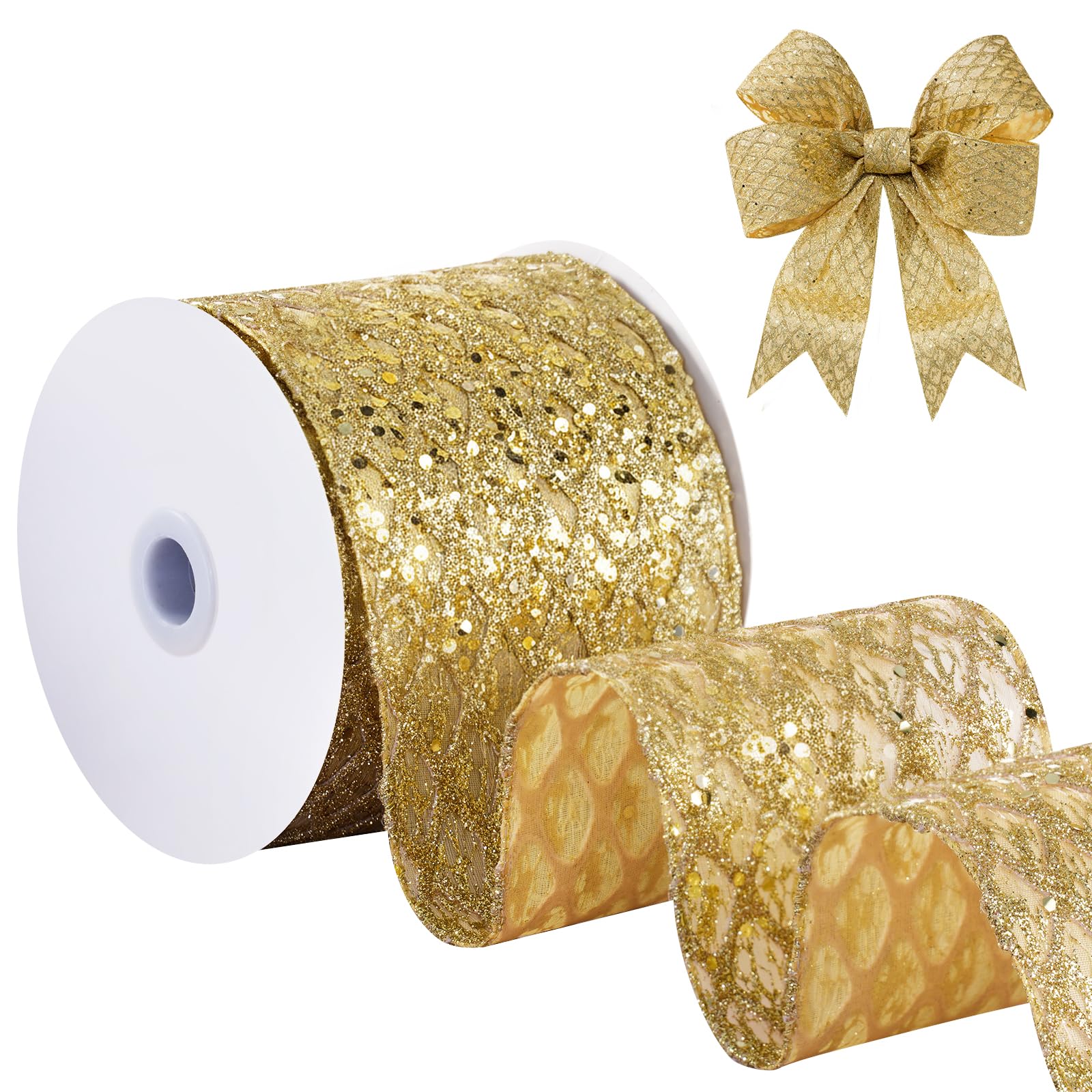 FAKILO Gold Wired Mesh Ribbon, 10cm x 10 Yards Glitter Mesh Ribbonw Suitable for Wreath Decoration, Christmas Tree Decoration, Christmas Tableware and Tablecloth Decoration — image 1