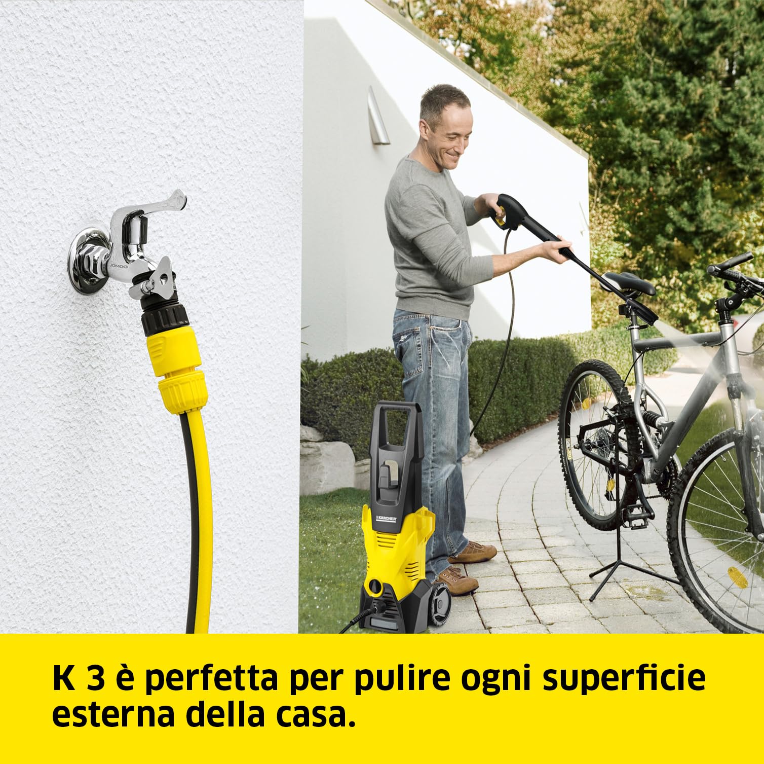 Kärcher Idropulitrice K 3, Pressione max 120 bar, Portata 380 l/h, Area di lavoro 25 m²/h, Filtro acqua, Pistola e Tubo Alta Pressione 6m, Serbatoio detergente, Ugello mangiasporco, Lancia Vario Power
