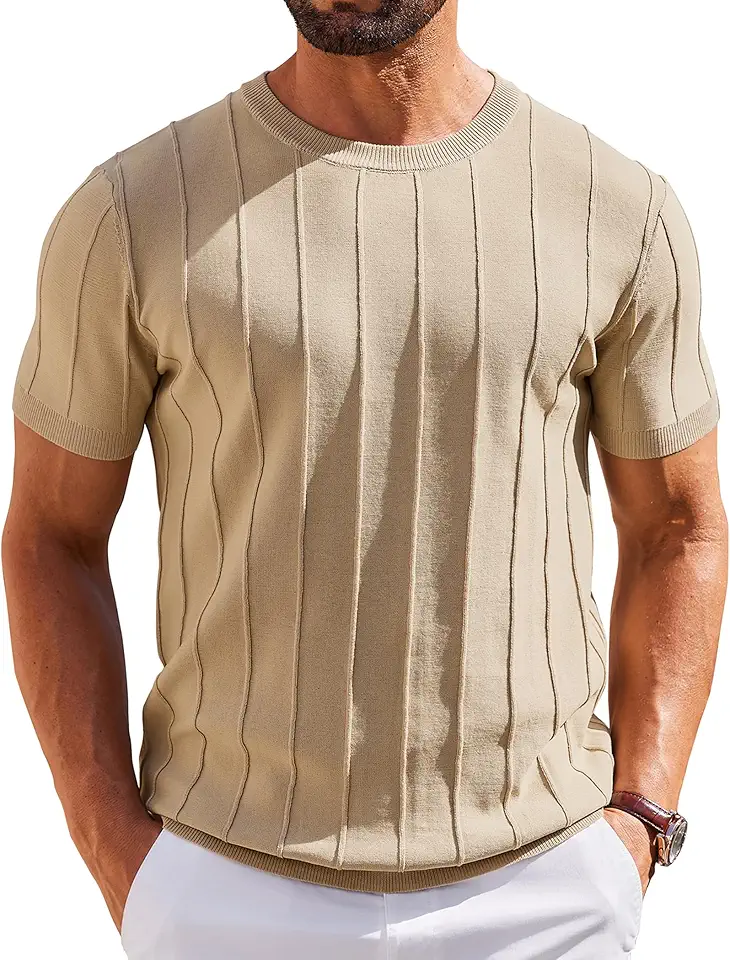 COOFANDY Men's T- Shirts Short Sleeve Knit Sweater Shirt Casual Crewneck Ribbed Pullover Tees