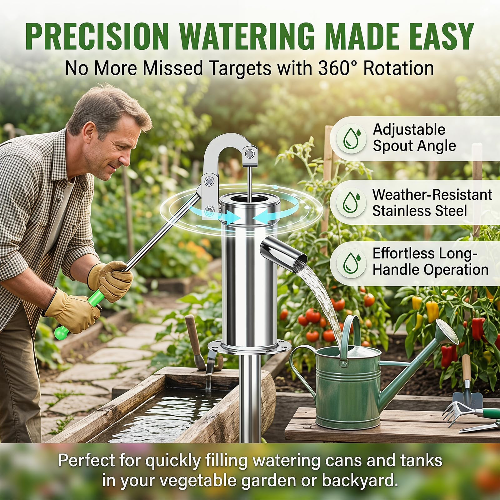 Pompe à eau pivotante en acier inoxydable - Pompe d'aspiration manuelle pour eaux souterraines jusqu'à 8 m de profondeur - Poignée antidérapante - Pompe à eau manuelle de jardin - Économie d'énergie