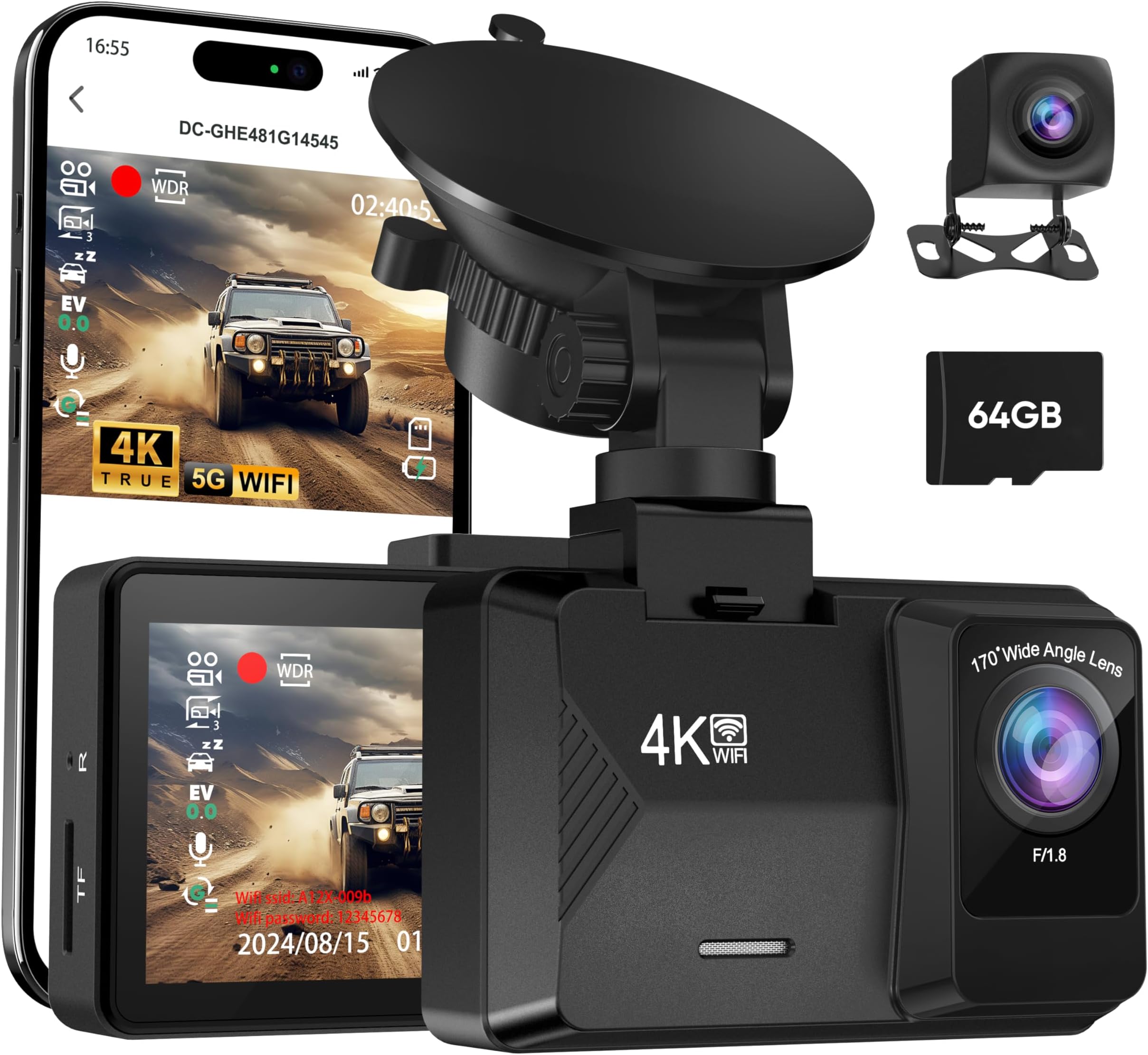 Dash Cam Front and Rear Built-in 5GHz WiFi, 4K+1080P Dual Dash Camera for Cars with 64GB SD Card, 2.0" Display Dashcam, 24H Parking Mode, App Control, Super Night Vision, Support Max 256GB