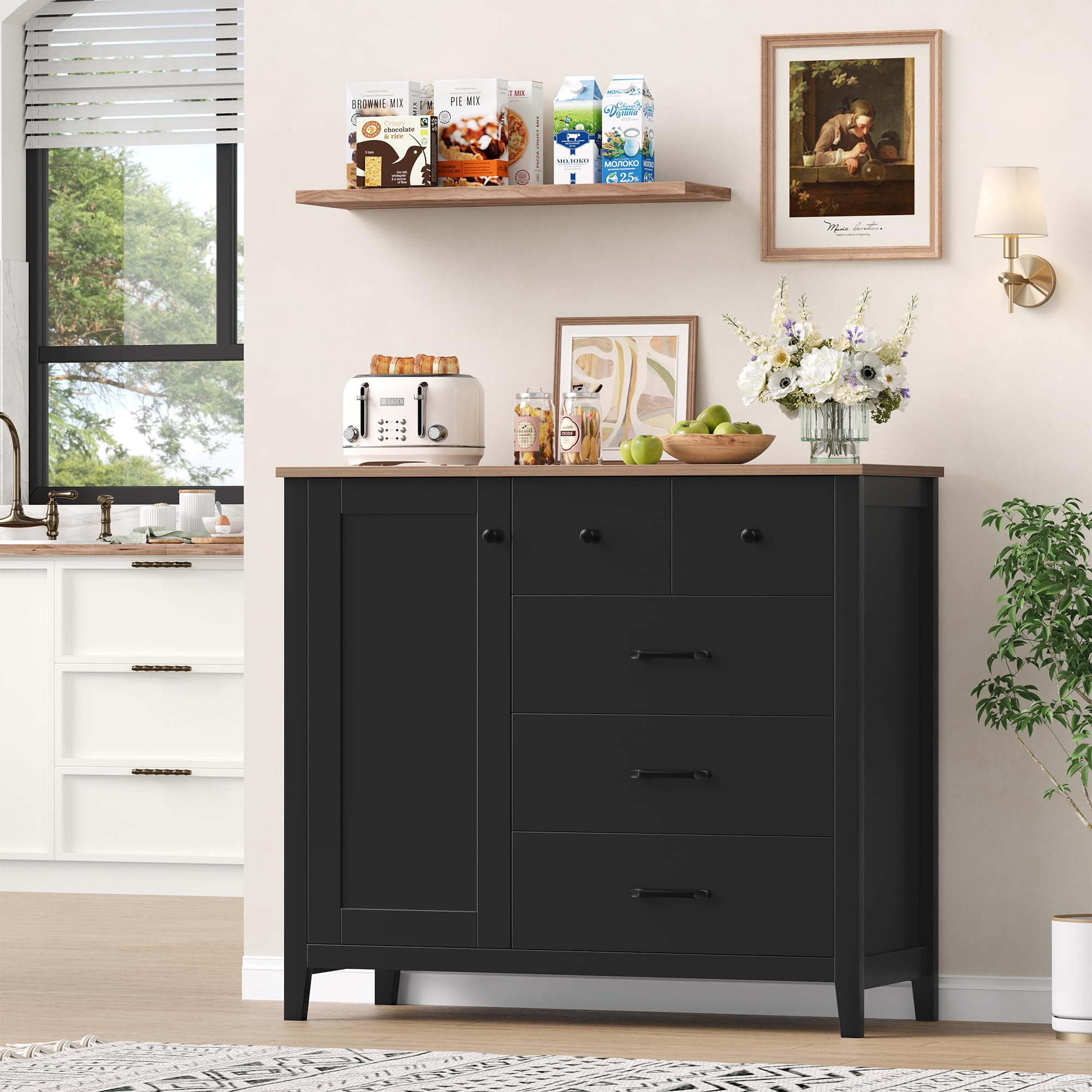HOCSOK Aparador Cocina Negro con 5 Cajones y 1 Puerta, Aparadores | Estantes ajustables, Mueble Auxiliar de Almacenaje Moderno con Amplia Encimera, Ideal para Cocina, Comedor y Salón