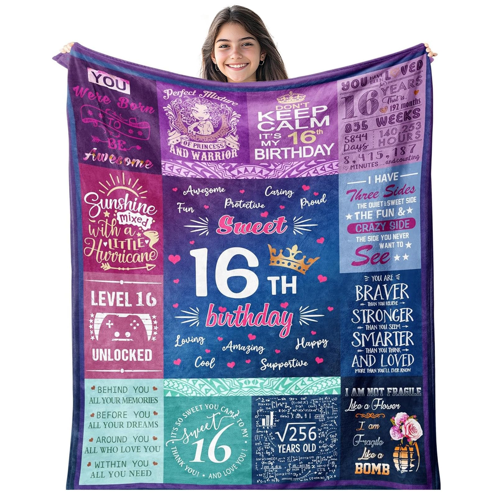 16th Girls Birthday Gifts - Sweet 16th Birthday Throw Blanket for Girl 150x130CM - 16th Birthday Decorations for Girl Bed Throws 150x130CM - Pratical Gift for Girls Friends Daughter Bestie Siste