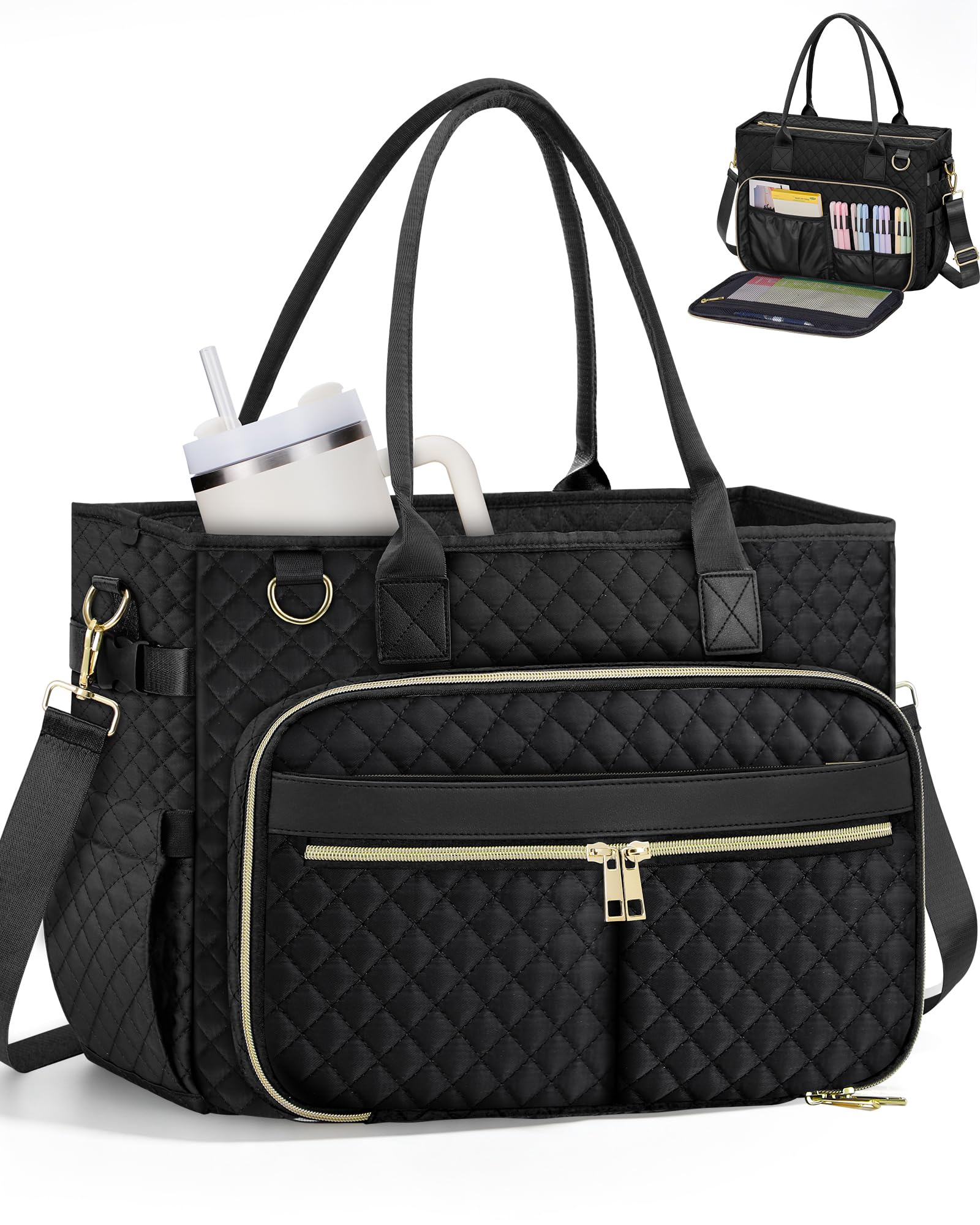 FIORETTO Teacher Tote Bag for Women with Laptop Compartment, Large Cup Holder, Zip Closure, Ideal for Work, Bible, Nurse