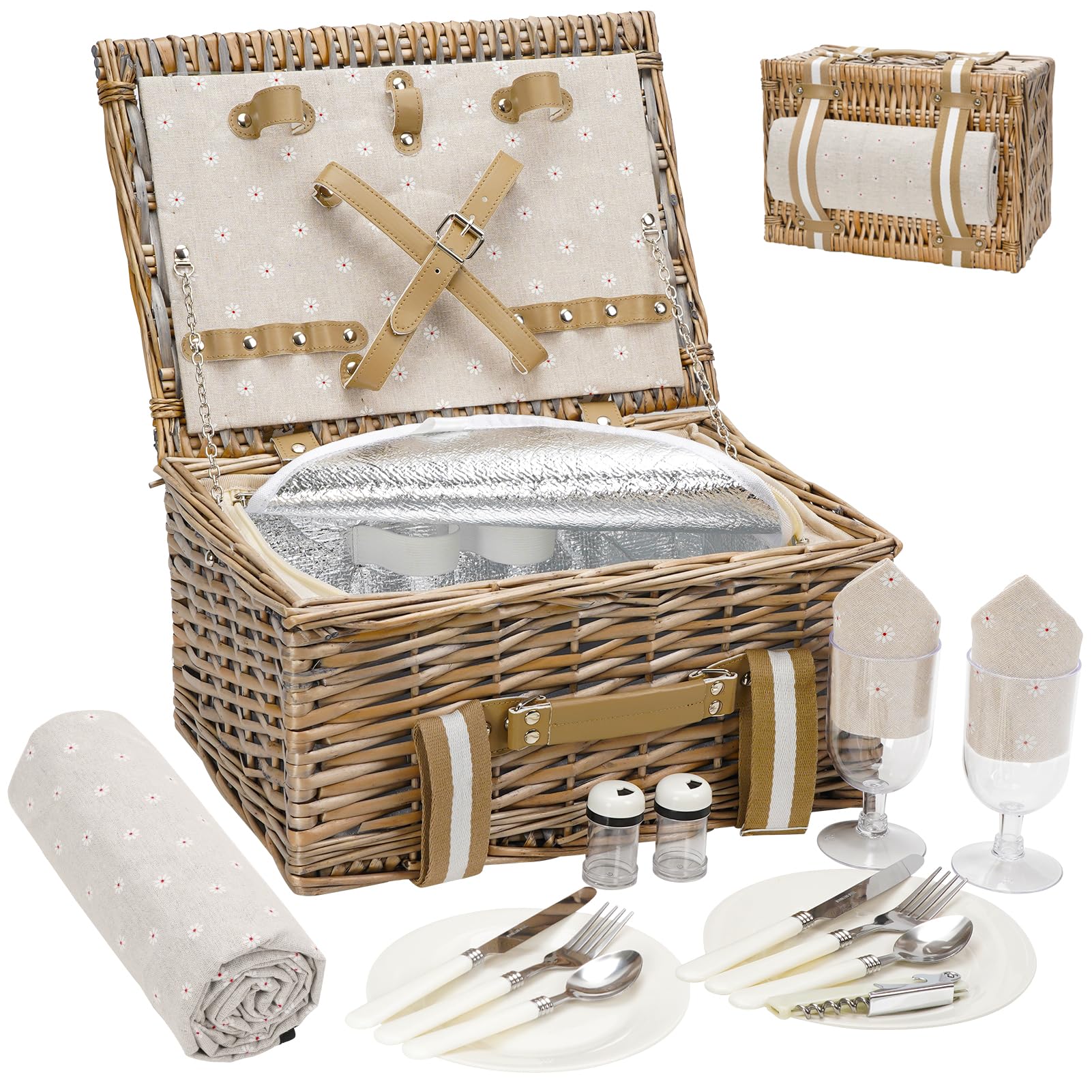 G GOOD GAIN Picnic Basket for 2 - Wicker Picnic Set with Waterproof Blanket| Large Picnic Hamper with Insulated Cooler & Cutlery Kit for Couples Camping,White Flower,15x11x7.5inch
