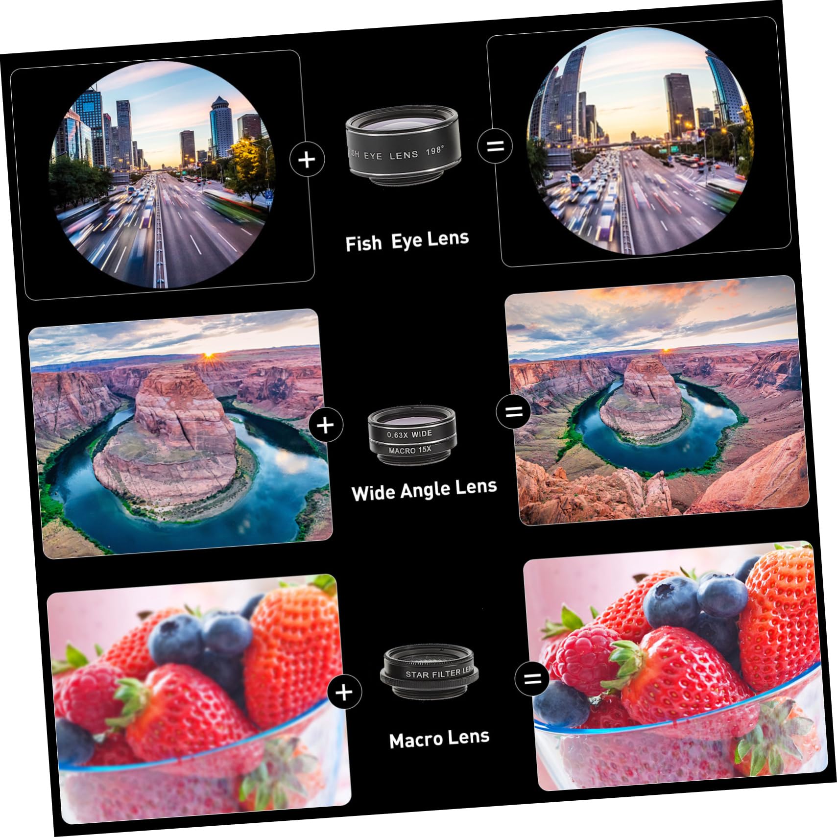 KOMBIUDA Kit Obiettivi 10 in 1 Grandangolare Fisheye Per Fotocamera Del Telefono Nero Teleobiettivo E Macro