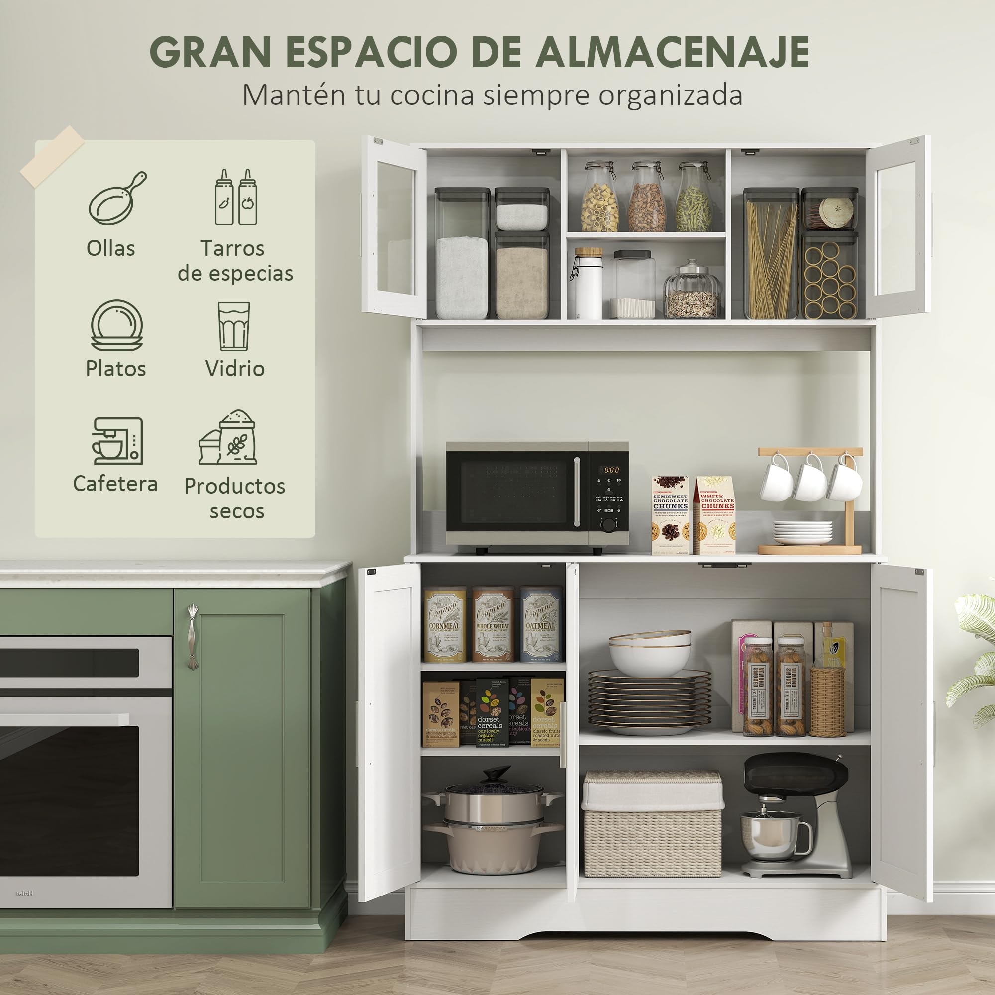 HOMCOM Alacena de Cocina, Mueble Auxiliar de Cocina con 2 Puertas de Vidrio, Encimera Amplia para Microondas, Compartimentos Abiertos, Estantes Ajustables, 108x35x180 cm, Blanco