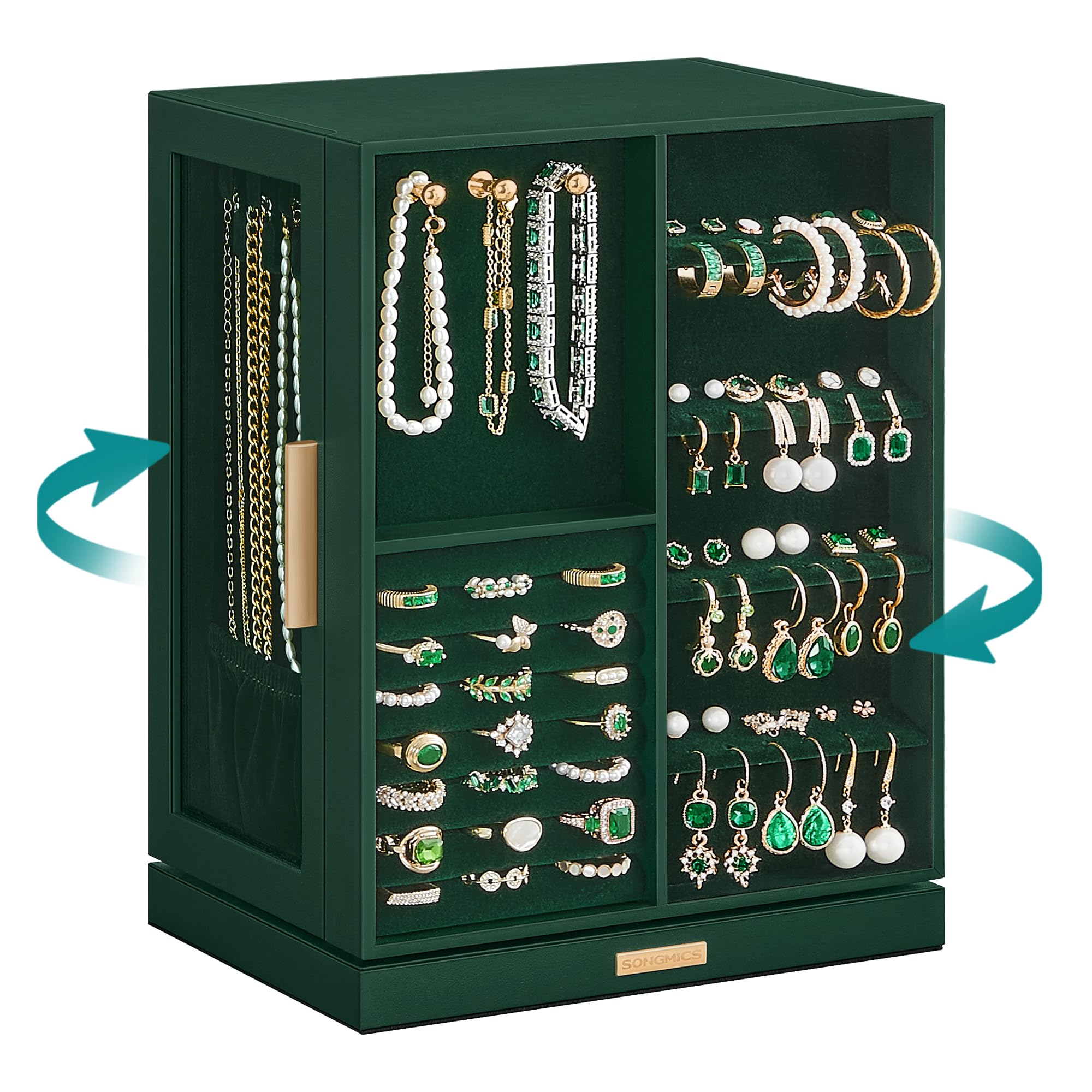 SONGMICS Jewellery Box 360° Rotating, Jewellery Organiser with 5 Drawers, Jewellery Display Case, Glass Window, Spacious, Vertical Jewellery Storage, Open Design, Great Gift, Forest Green JBC170C01