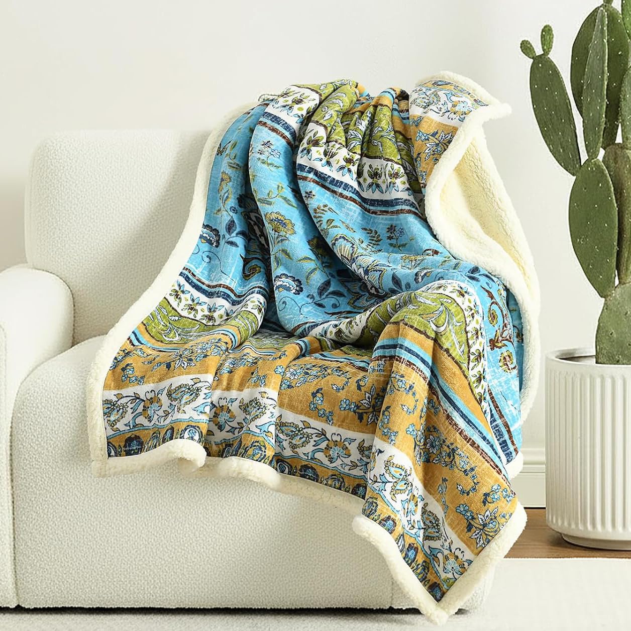 Boho Floral Sherpa Throw Blanket, Reversible Flannel Print & Soft Sherpa, Cozy Fleece Blanket - Green Bohemian throw for Sofa, Couch, Bed, Home Decor