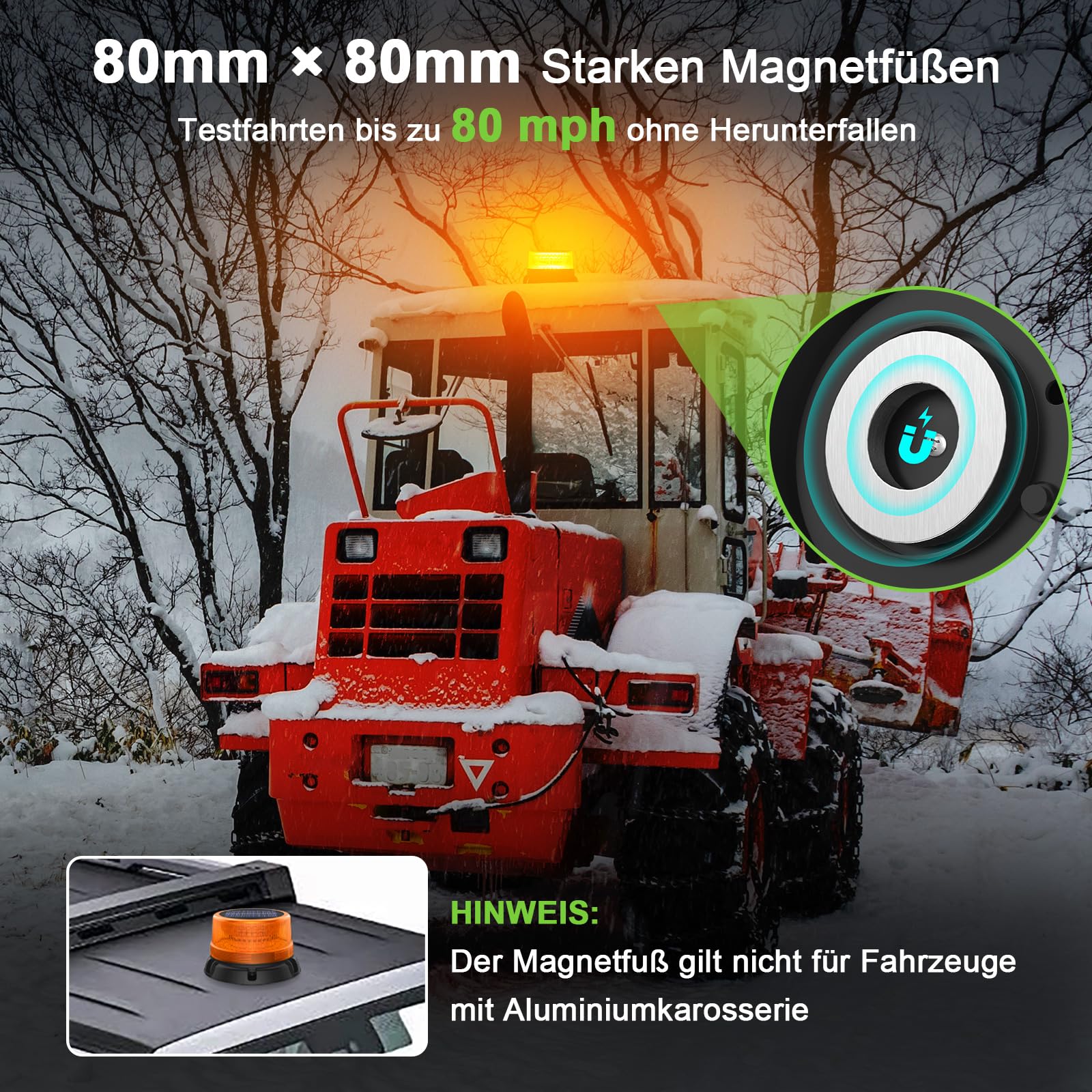 Pomarańczowe miganie z 90 diodami LED z magnesem | Akumulator | 2 tryby | Światło ostrzegawcze do ciężarówek, pojazdów budowlanych, traktorów, przyczep, pługów śnieżnych