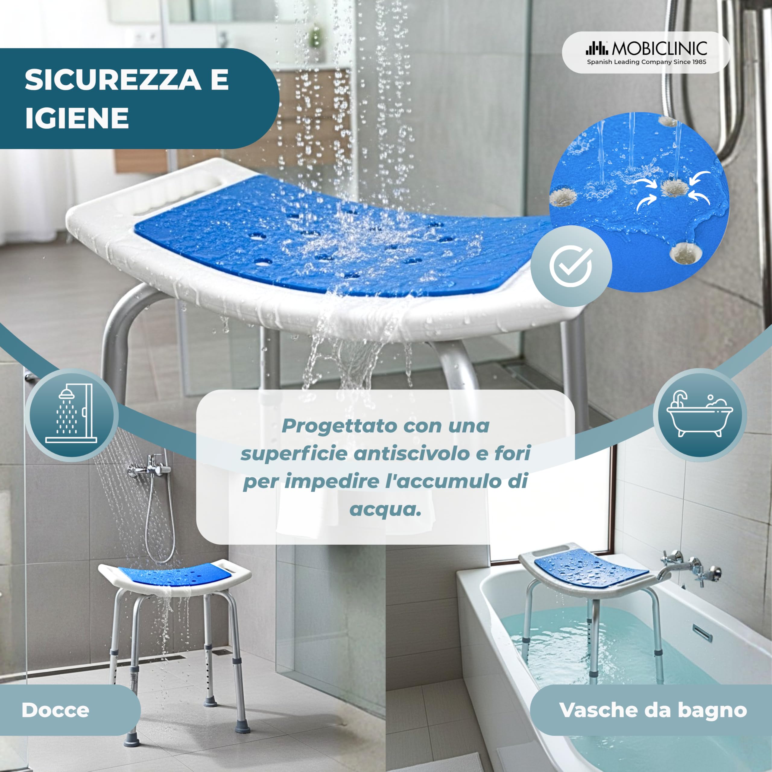 Mobiclinic®, Sgabello da Bagno, Altezza regolabile 42-57,5 cm, Seduta antiscivolo in EVA PAD, Leggero, Fori di Drenaggio, Puntali Antiscivolo, Design ergonomico curvo, Alluminio, Santana