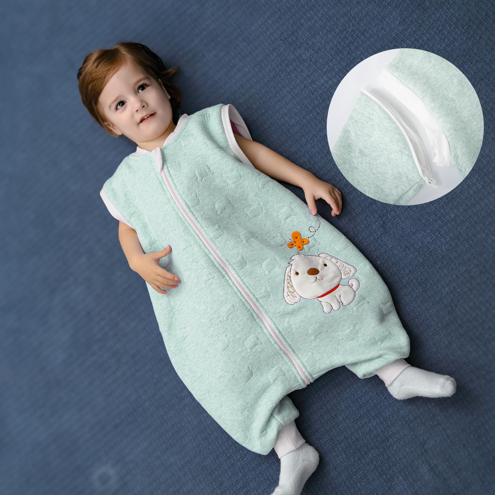 Sacco nanna invernale a maniche lunghe, per bimbe e bimbi, con aperture per i piedi e motivo di cagnolino, in cotone, unisex, per tutto l'anno, Verde 0-16 Monate