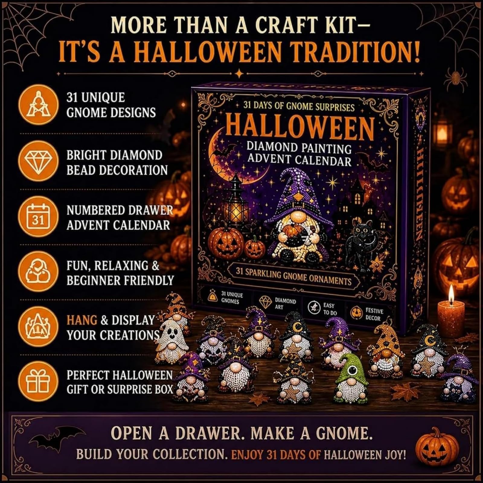 Calendario dell'Avvento con pittura con diamanti di Gnome Halloween | Kit Fai-da-Te con 31 Ornamenti a Forma di Gnomo, Set Completo di Diamond Painting con Strumenti e Perline, Regalo Creativo