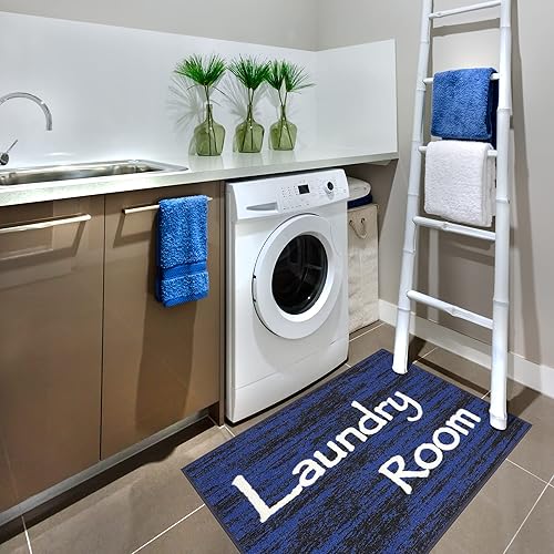 Miniatura 6 de Ottomanson Laundry Collection - Tapete con parte trasera de goma antideslizante y borde cuadriculado, 2 pies y 3 pulgadas x 3 pies, color azul