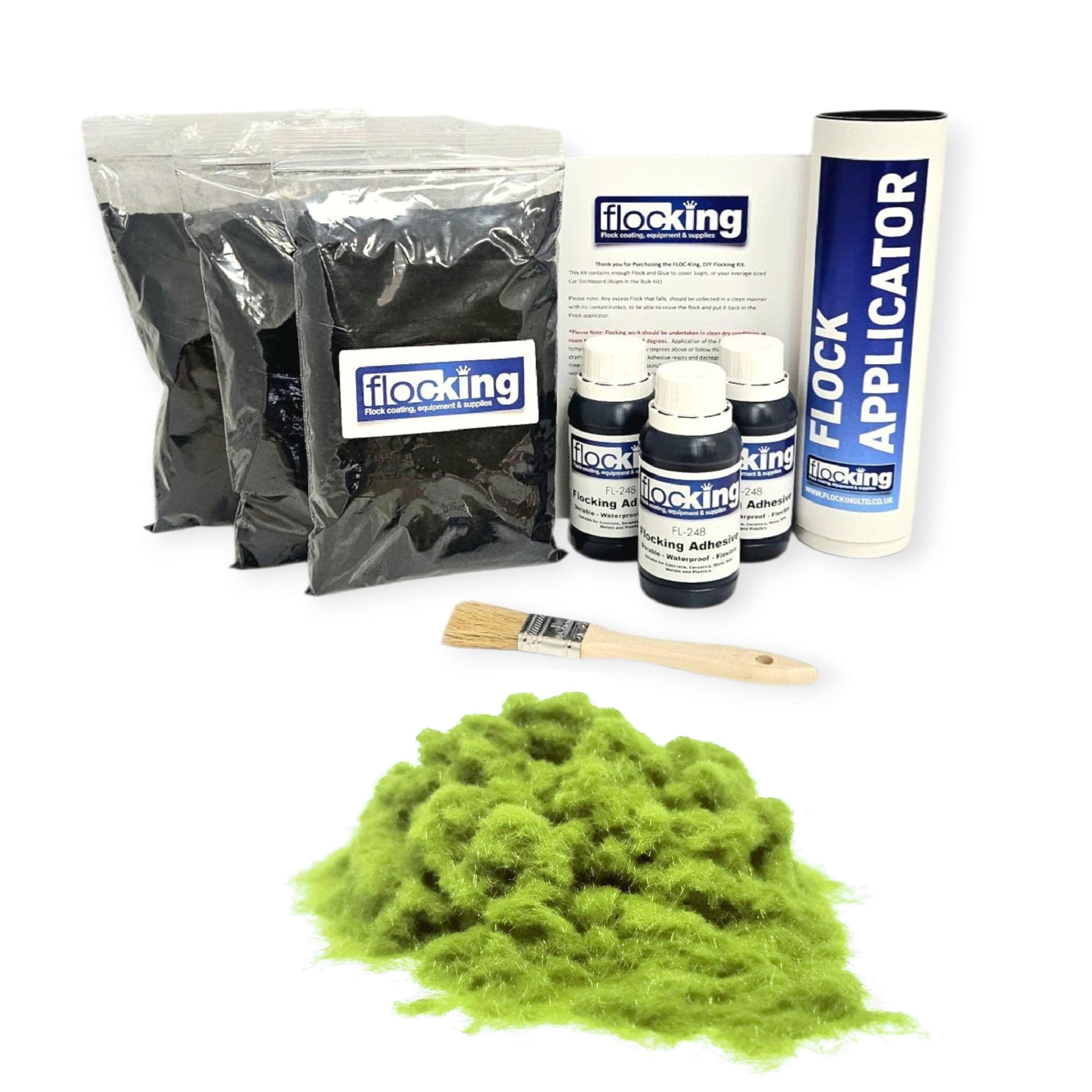 FLOC-KING Triple Flocking Kit for Car Dashboards & Interiors - Professional DIY Flock Application Set - Includes 3sqm Nylon Fibres, Adhesive & Applicator (Pistachio Green)