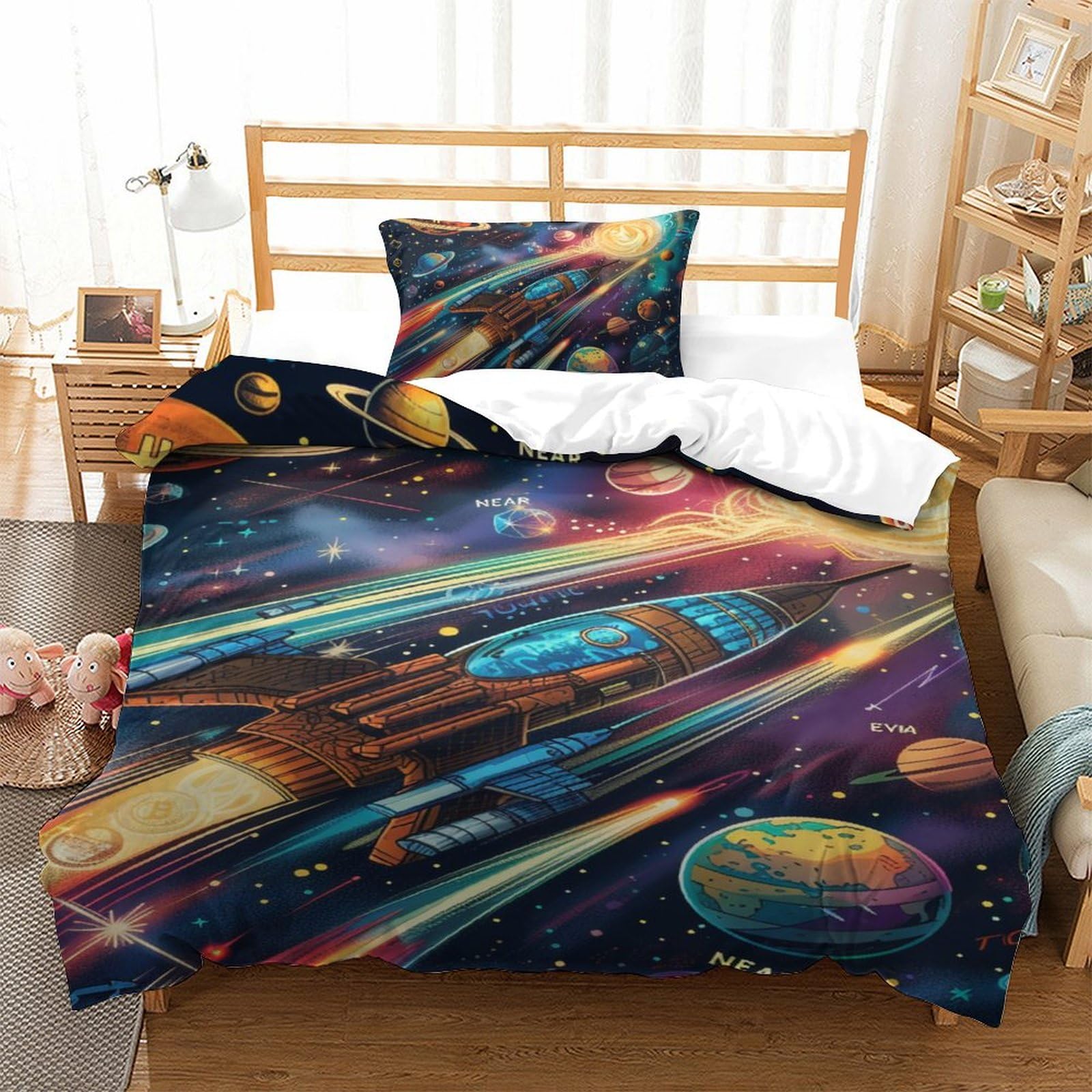 Housse de couette microfibre impression 3D navire 3 pièces 135x200cm pour lit simple