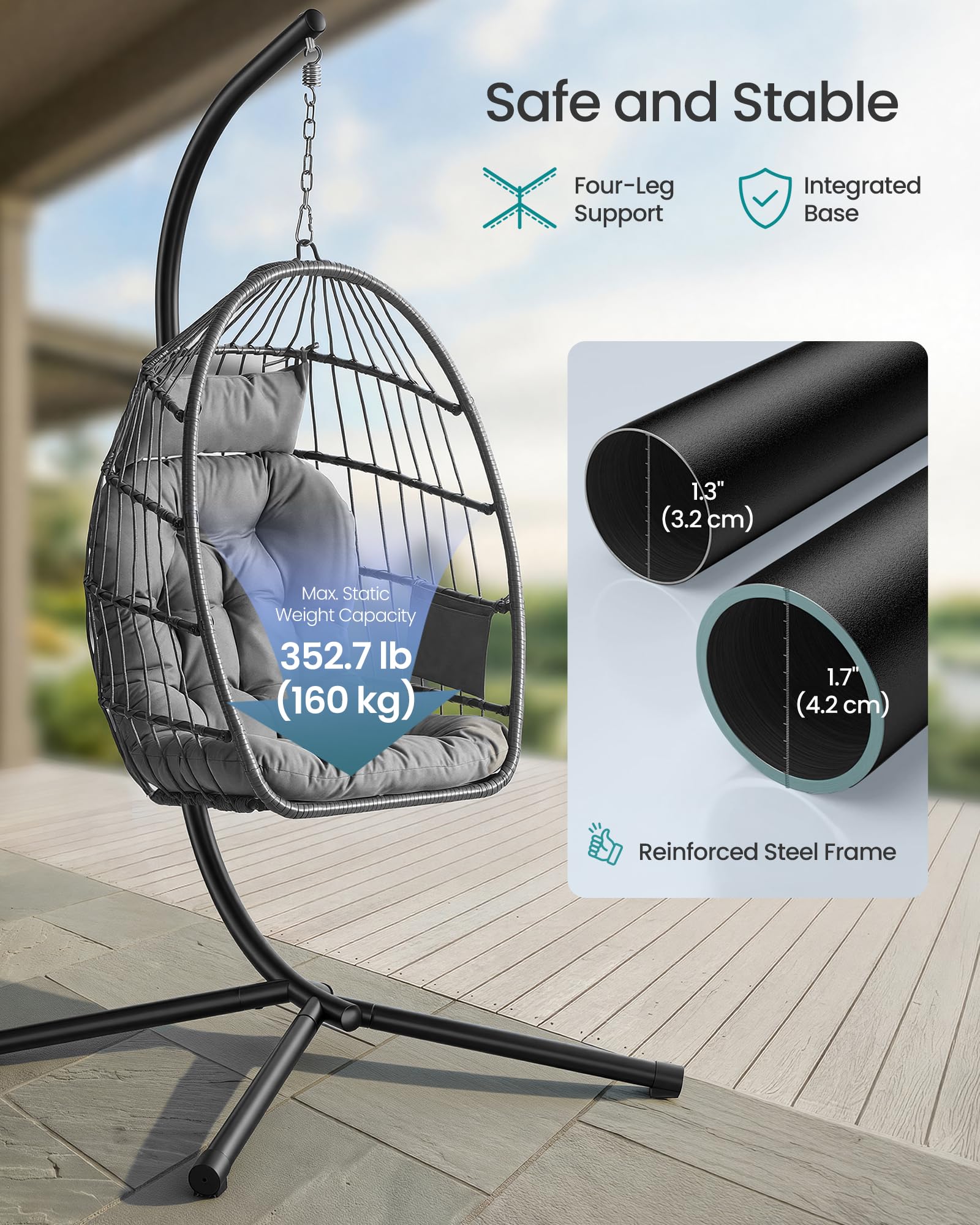 SONGMICS Outdoor Hanging Egg Chair, Foldable Removable Basket, Height-Adjustable Swing Chair, Side Pocket, Cushion, for Living Room, Garden, Balcony, Grey GDC050GZ02 — view 6