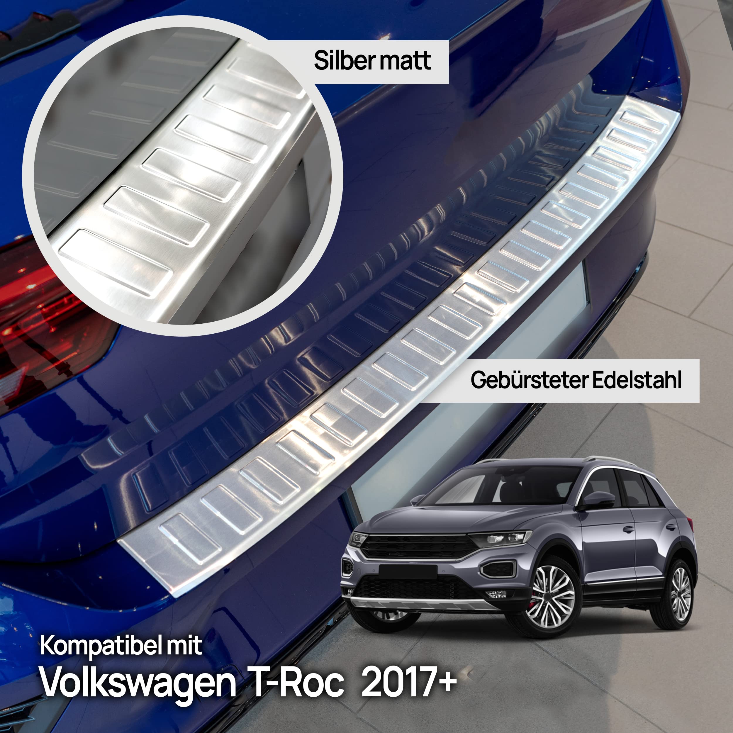 CHROMEMASTER | Ladekantenschutz Stoßstangenschutz | Kompatibel mit Volkswagen VW T-ROC 2017+ ; Gebürsteter Edelstahl, Silber Matt; Unsere Lackschutzleiste Sichert den Heckstoßfänger vor Kratzern