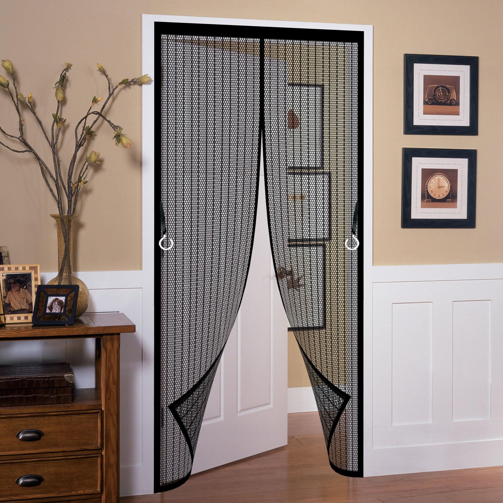 Fly Screens for Doors 151 x 223 cm Durable Polyester Mesh, Keeps Bugs Out Cat Screen Door Easy to Install Without Drilling for Windows Doors Patio, Black