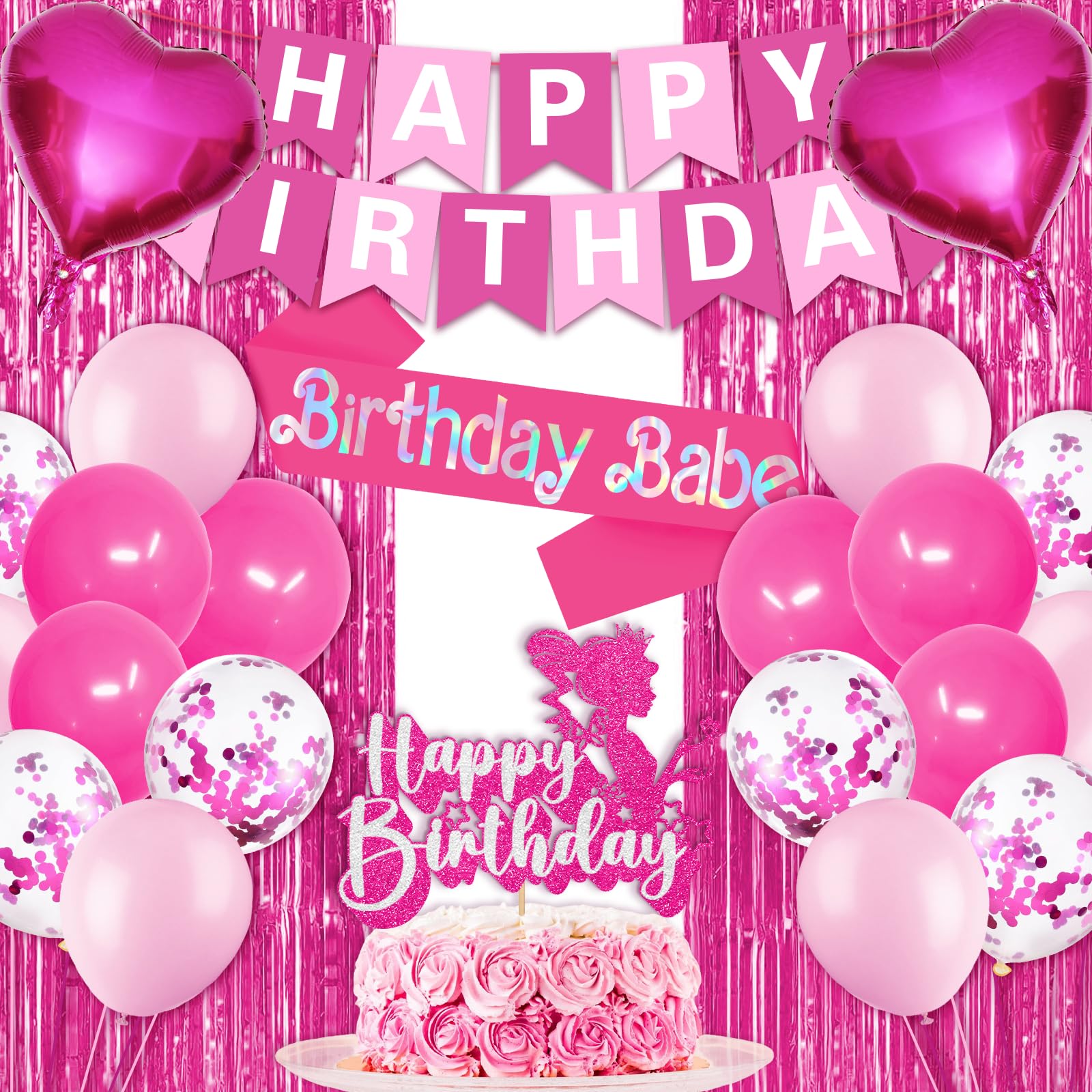 Hot Pink Birthday Decorations Party Supplies, Iridescent Birthday Babe Sash, Glitter Banners, Fringe Curtains, Cake Topper, Foil Balloons for Women