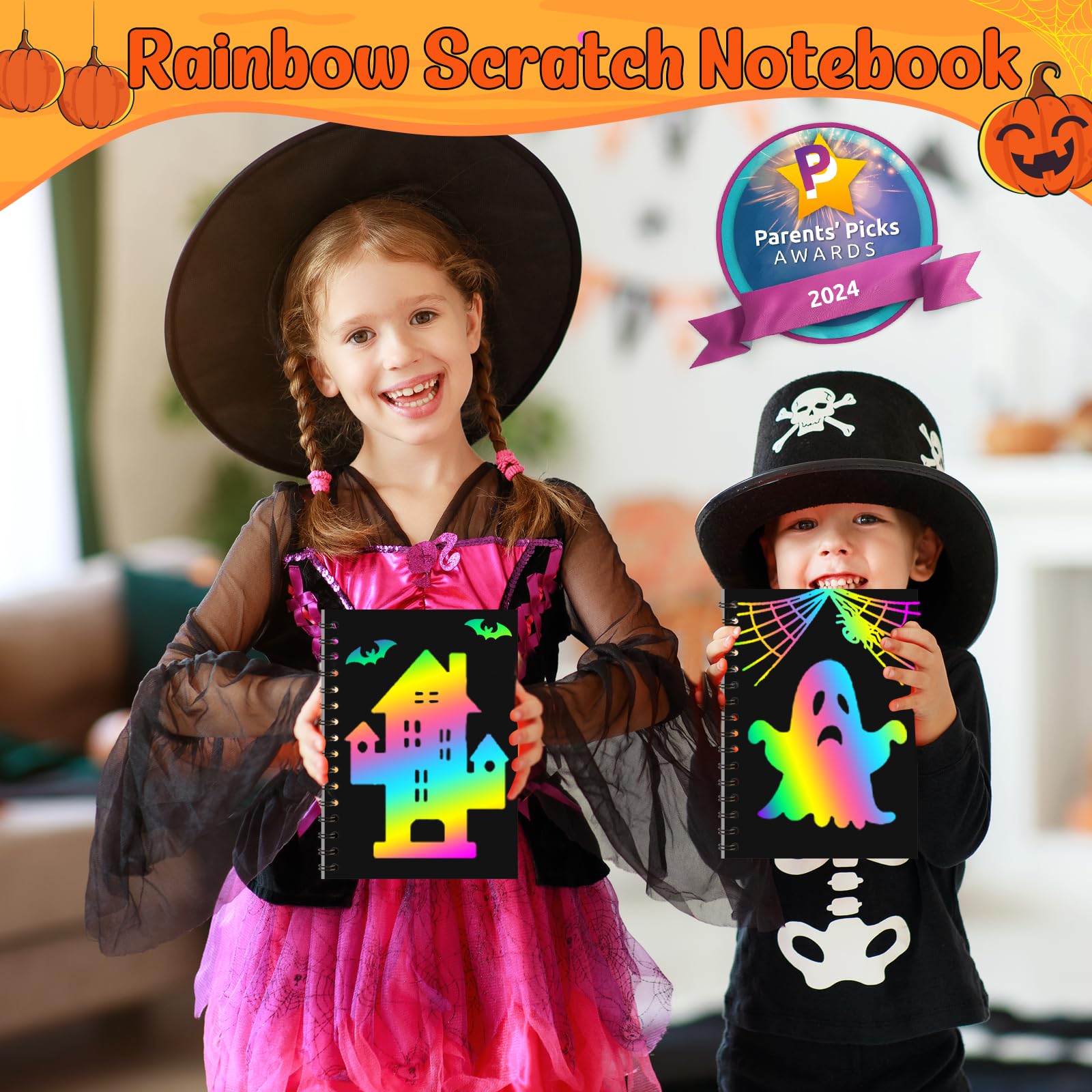 ZMLM Libri Scratch Art Bambini Regalini Kit Disegno, Fogli Arcobaleno da Grattare Craft Notebook con Stilo Stencil Scratch Libri Painting Paper per regalini fine Festa Compleanno Bambini (Halloween)
