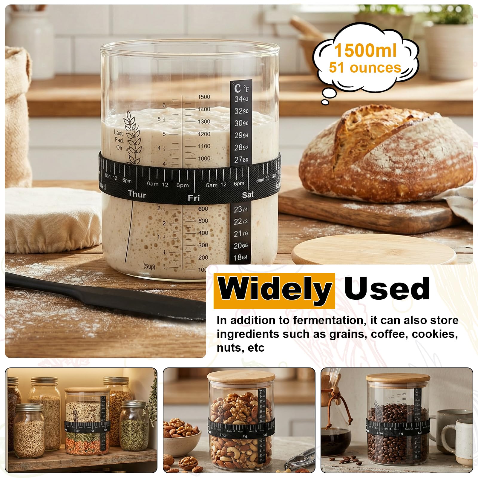 JUNFEIFLUX 2 Stück 1500ml Sauerteig Starter Set | Sauerteig Glas Breithals, Sourdough Starter Kit mit Bambusdeckel, Spatel und Thermometer für Brot Backen, Küche und Bäckerei