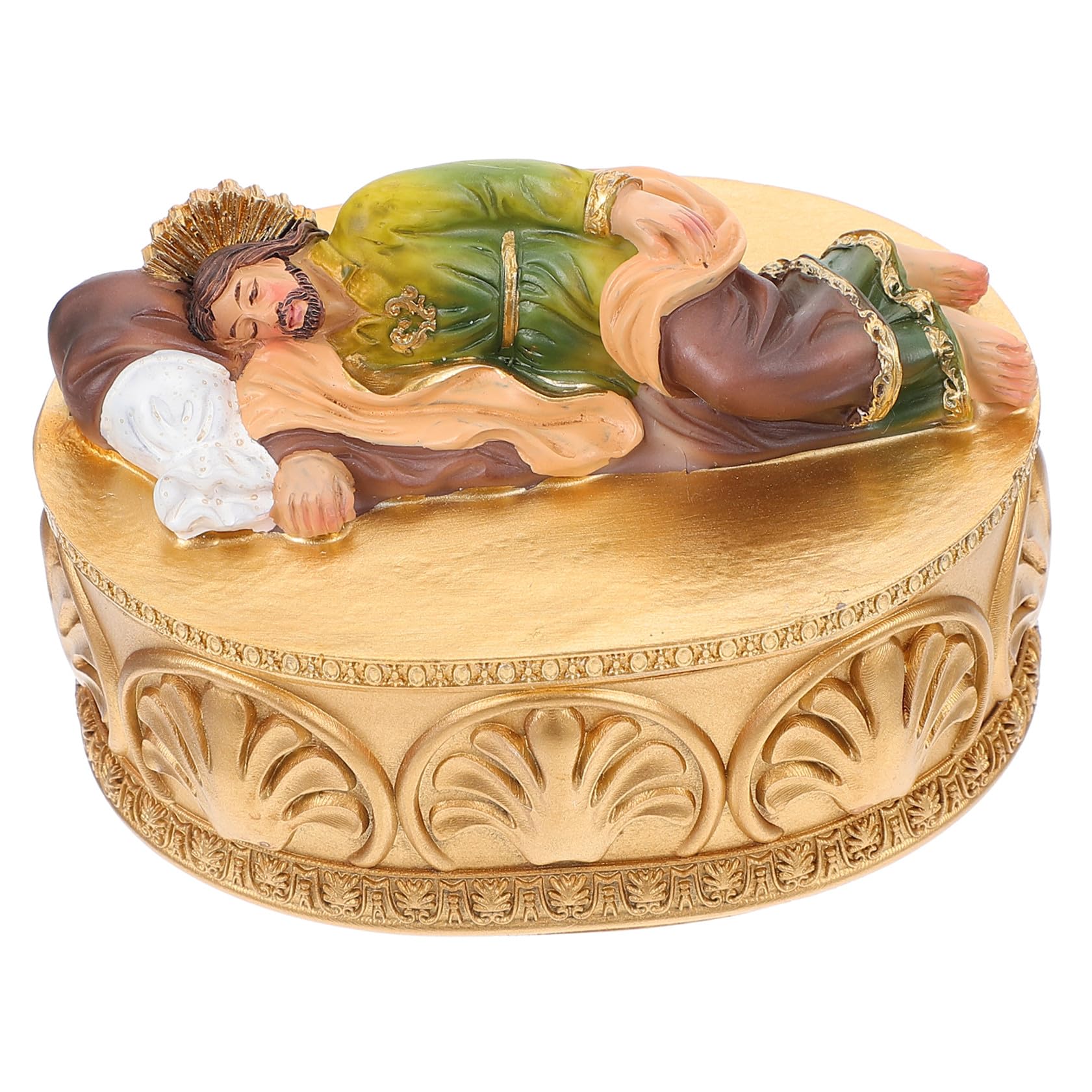 Garneck Caja de Joyería Durmiente Statue Católico Religioso Regalo Resina Estatua Decoración del Hogar Figurine Estatua de San Jose Dormido Dorado Navideño